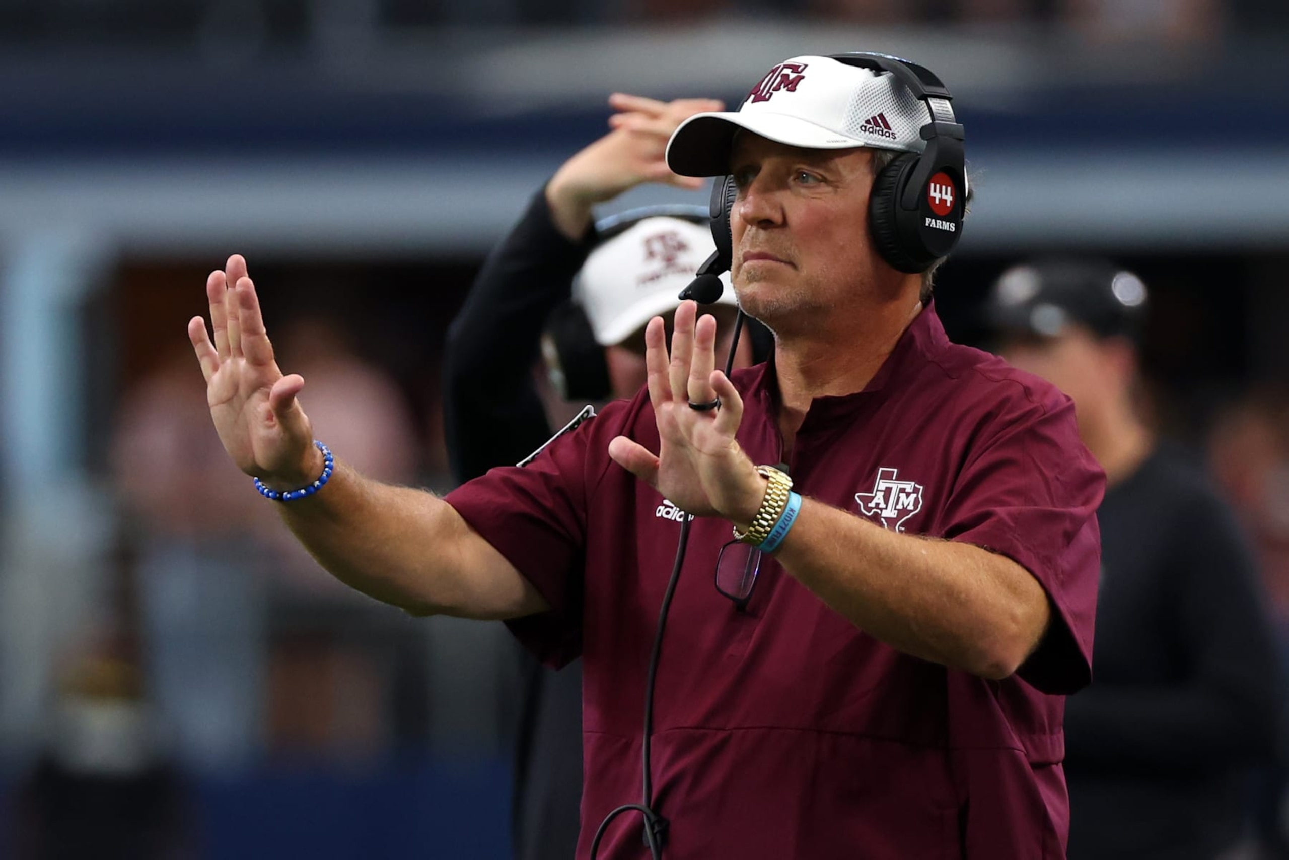 ARLINGTON, TEXAS - SEPTEMBER 30: Head coach Jimbo Fisher of the Texas A&M Aggies is seen on the sideline in the fourth quarter of the Southwest Classic against the Arkansas Razorbacks at AT&T Stadium on September 30, 2023 in Arlington, Texas. (Photo by Richard Rodriguez/Getty Images)