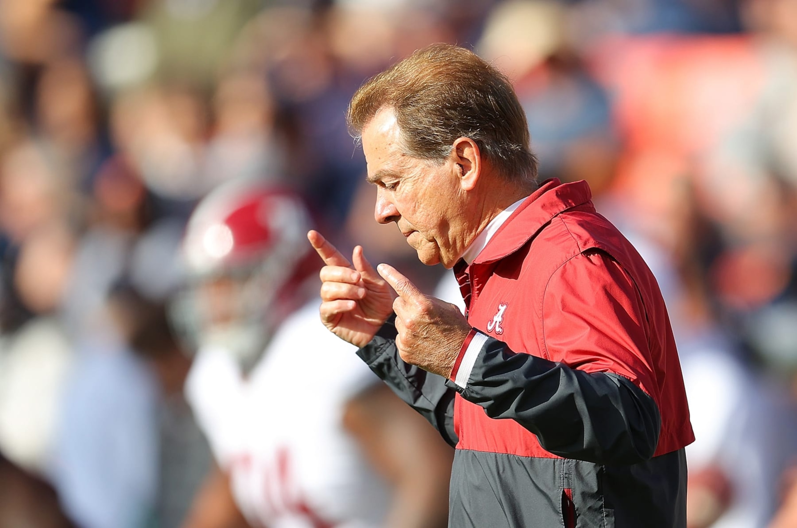 AUBURN, ALABAMA - NOVEMBER 25: Head coach Nick Saban of the Alabama Crimson Tide looks on during warm up prior to the game against Auburn Tigers at Jordan-Hare Stadium on November 25, 2023 in Auburn, Alabama. (Photo by Kevin C. Cox/Getty Images) AUBURN, ALABAMA - NOVEMBER 25: Head coach Nick Saban of the Alabama Crimson Tide looks on during warm up prior to the game against Auburn Tigers at Jordan-Hare Stadium on November 25, 2023 in Auburn, Alabama. (Photo by Kevin C. Cox/Getty Images)