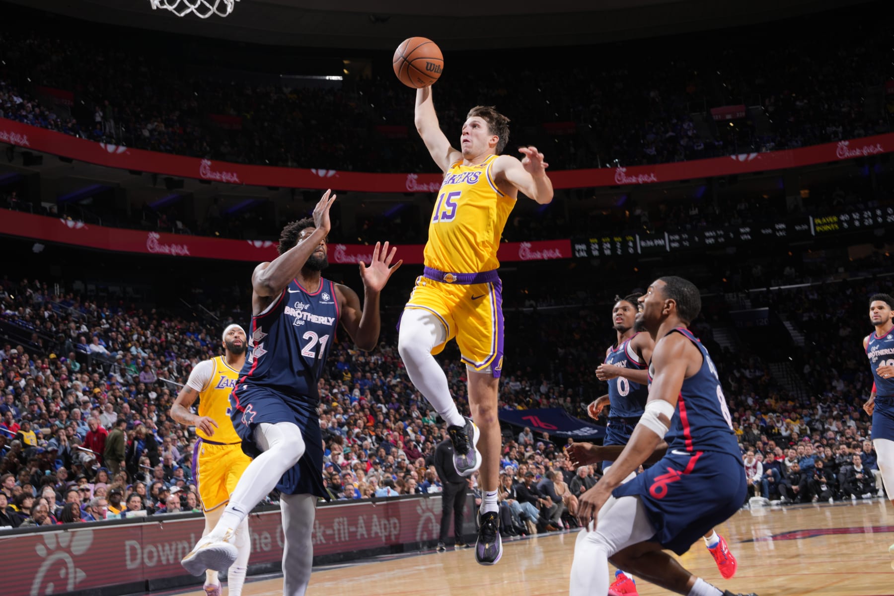 PHILADELPHIA, PA - NOVEMBER 27: Austin Reaves #15 of the Los Angeles Lakers drives to the basket during the game against the Philadelphia 76ers on November 27, 2023 at the Wells Fargo Center in Philadelphia, Pennsylvania NOTE TO USER: User expressly acknowledges and agrees that, by downloading and/or using this Photograph, user is consenting to the terms and conditions of the Getty Images License Agreement. Mandatory Copyright Notice: Copyright 2023 NBAE (Photo by Jesse D. Garrabrant/NBAE via Getty Images)