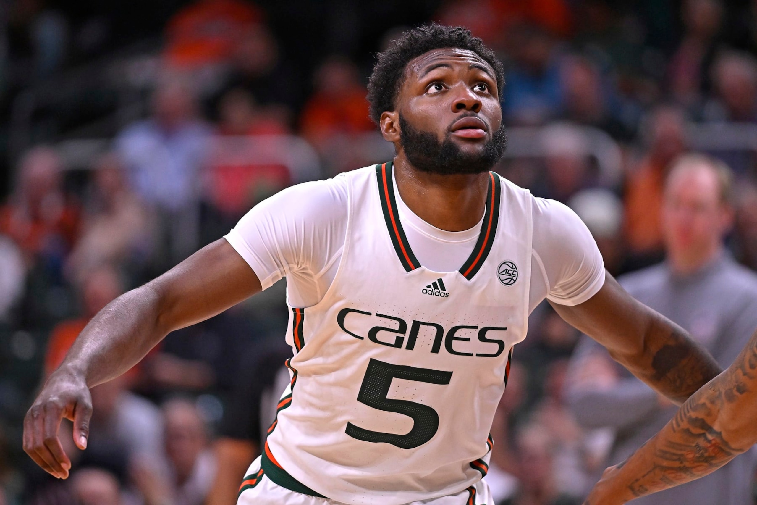 CORAL GABLES, FL - NOVEMBER 06: Miami guard Wooga Poplar (5) positions for a rebound in the second half as the Miami Hurricanes faced the NJIT Highlanders on November 6, 2023, at the Watsco Center in Coral Gables, Florida. (Photo by Samuel Lewis/Icon Sportswire via Getty Images)