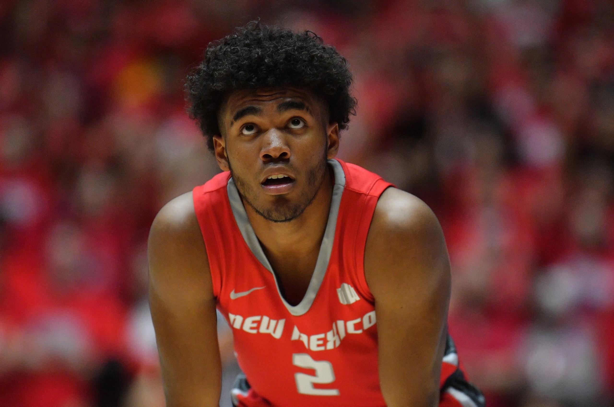 ALBUQUERQUE, NEW MEXICO - FEBRUARY 07:  Donovan Dent #2 of the New Mexico Lobos looks on during the second half of his team's game against the Nevada Wolf Pack at The Pit on February 07, 2023 in Albuquerque, New Mexico. The Wolf Pack defeated the Lobos 77-76. (Photo by Sam Wasson/Getty Images)