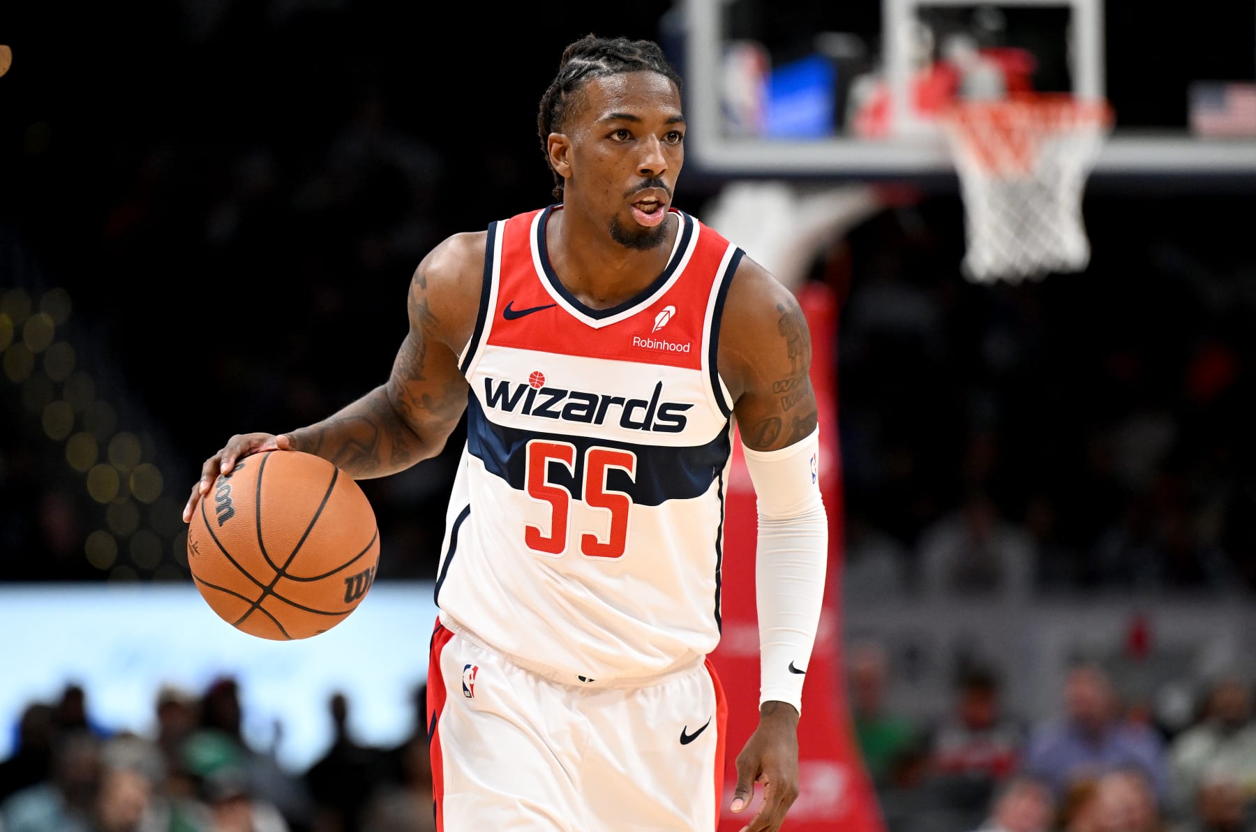 WASHINGTON, DC - OCTOBER 30: Delon Wright #55 of the Washington Wizards handles the ball against the Boston Celtics at Capital One Arena on October 30, 2023 in Washington, DC.  NOTE TO USER: User expressly acknowledges and agrees that, by downloading and or using this photograph, User is consenting to the terms and conditions of the Getty Images License Agreement.  (Photo by G Fiume/Getty Images)