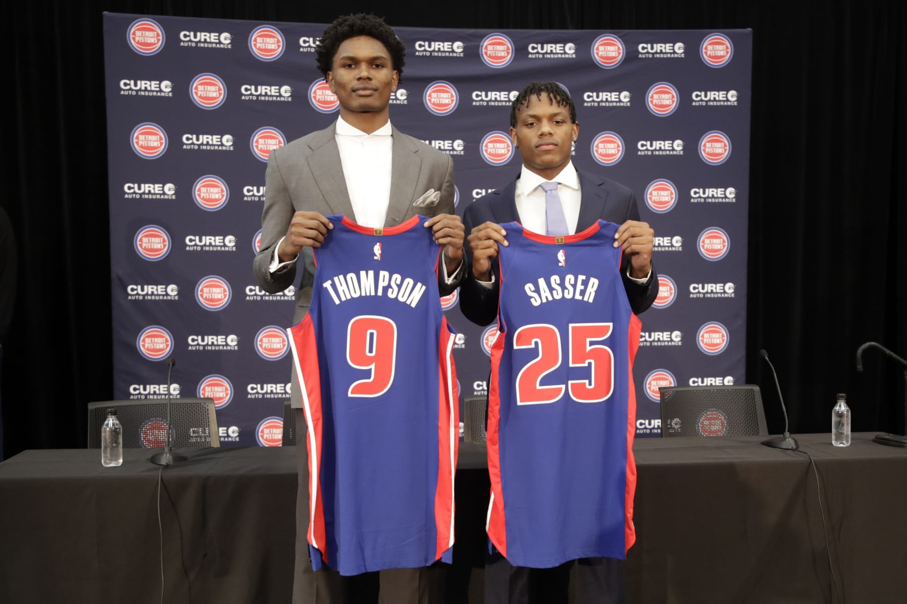 DETROIT, MI - JUNE 23: Ausar Thompson and Marcus Sasser of the Detroit Pistons pose for a photo on June 23, 2023 at Little Caesars Arena in Detroit, Michigan. NOTE TO USER: User expressly acknowledges and agrees that, by downloading and/or using this photograph, User is consenting to the terms and conditions of the Getty Images License Agreement. Mandatory Copyright Notice: Copyright 2023 NBAE (Photo by Brian Sevald/NBAE via Getty Images)
