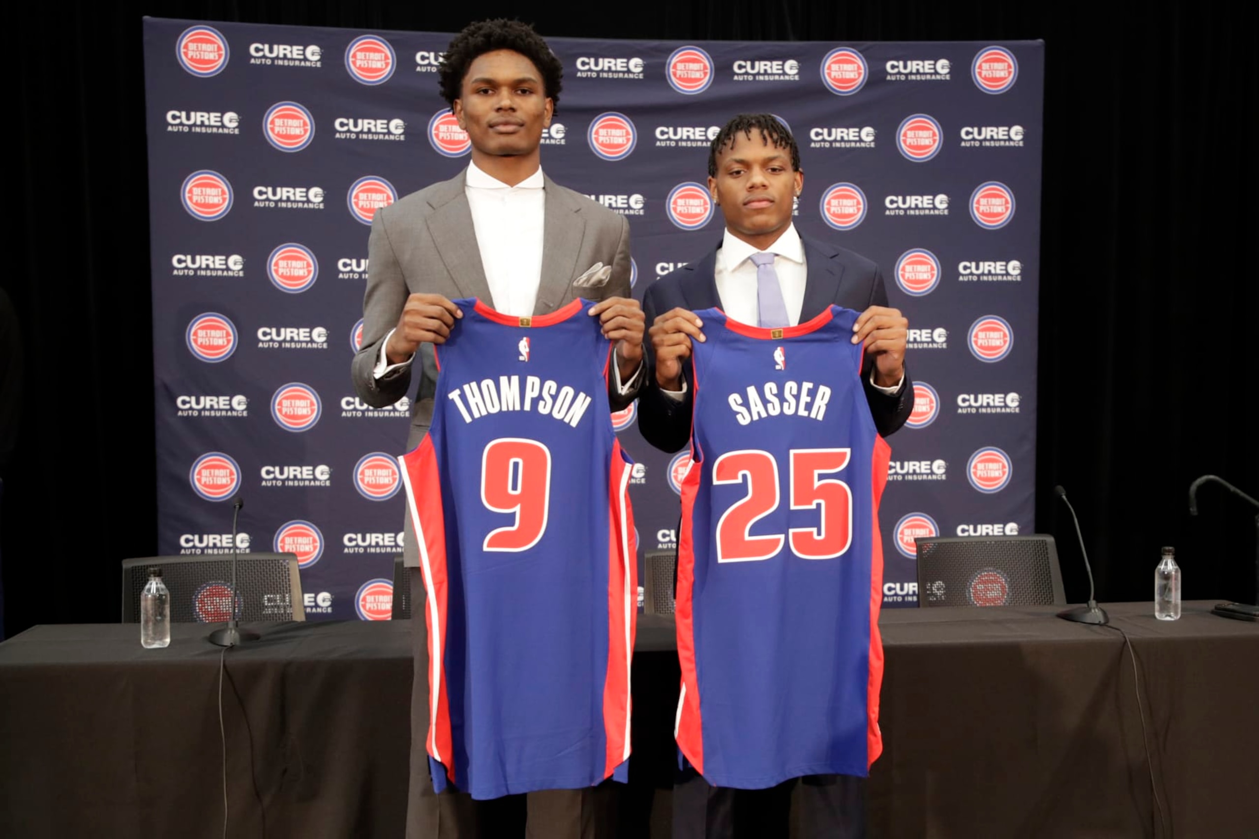 DETROIT, MI - JUNE 23: Ausar Thompson and Marcus Sasser of the Detroit Pistons pose for a photo on June 23, 2023 at Little Caesars Arena in Detroit, Michigan. NOTE TO USER: User expressly acknowledges and agrees that, by downloading and/or using this photograph, User is consenting to the terms and conditions of the Getty Images License Agreement. Mandatory Copyright Notice: Copyright 2023 NBAE (Photo by Brian Sevald/NBAE via Getty Images)