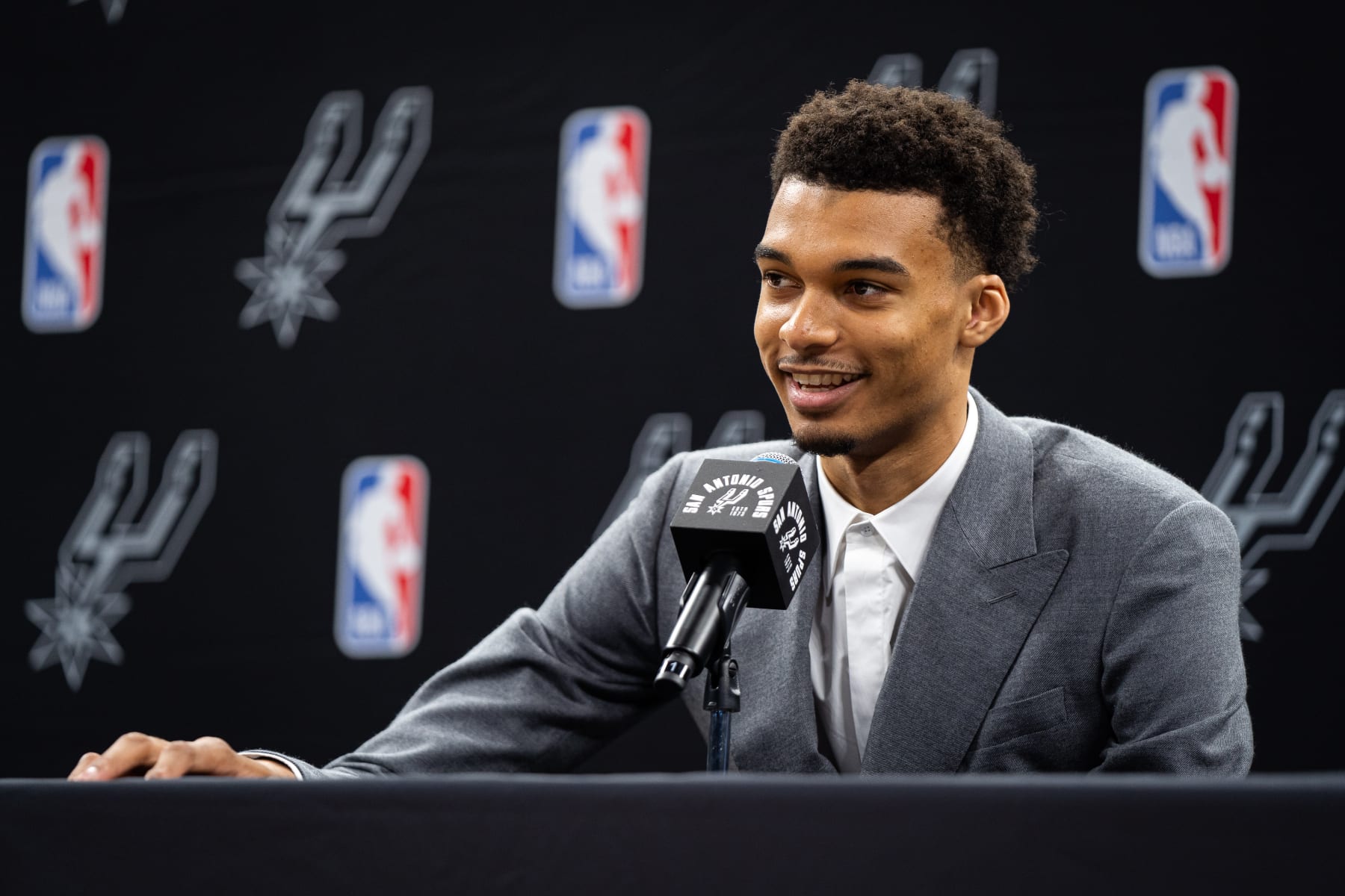 SAN ANTONIO, TX - JUNE 24: Victor Wembanyama addresses the media on June 24, 2023 at AT&T Center in San Antonio, Texas. NOTE TO USER: User expressly acknowledges and agrees that, by downloading and or using this photograph, user is consenting to the terms and conditions of the Getty Images License Agreement. Mandatory Copyright Notice: Copyright 2023 NBAE (Photos by Caitlin Smith/NBAE via Getty Images)