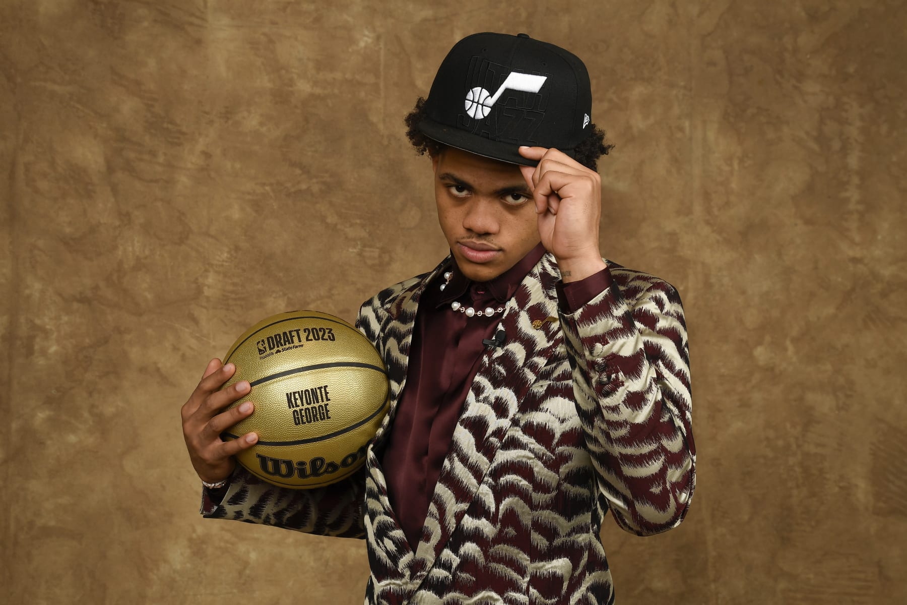 BROOKLYN, NY - JUNE 22: Keyonte George poses for a portrait after being drafted number sixteen overall by the Utah Jazz during the 2023 NBA Draft on June 22, 2023 at Barclays Center in Brooklyn, New York. NOTE TO USER: User expressly acknowledges and agrees that, by downloading and or using this photograph, User is consenting to the terms and conditions of the Getty Images License Agreement. Mandatory Copyright Notice: Copyright 2023 NBAE (Photo by Brian Babineau/NBAE via Getty Images)