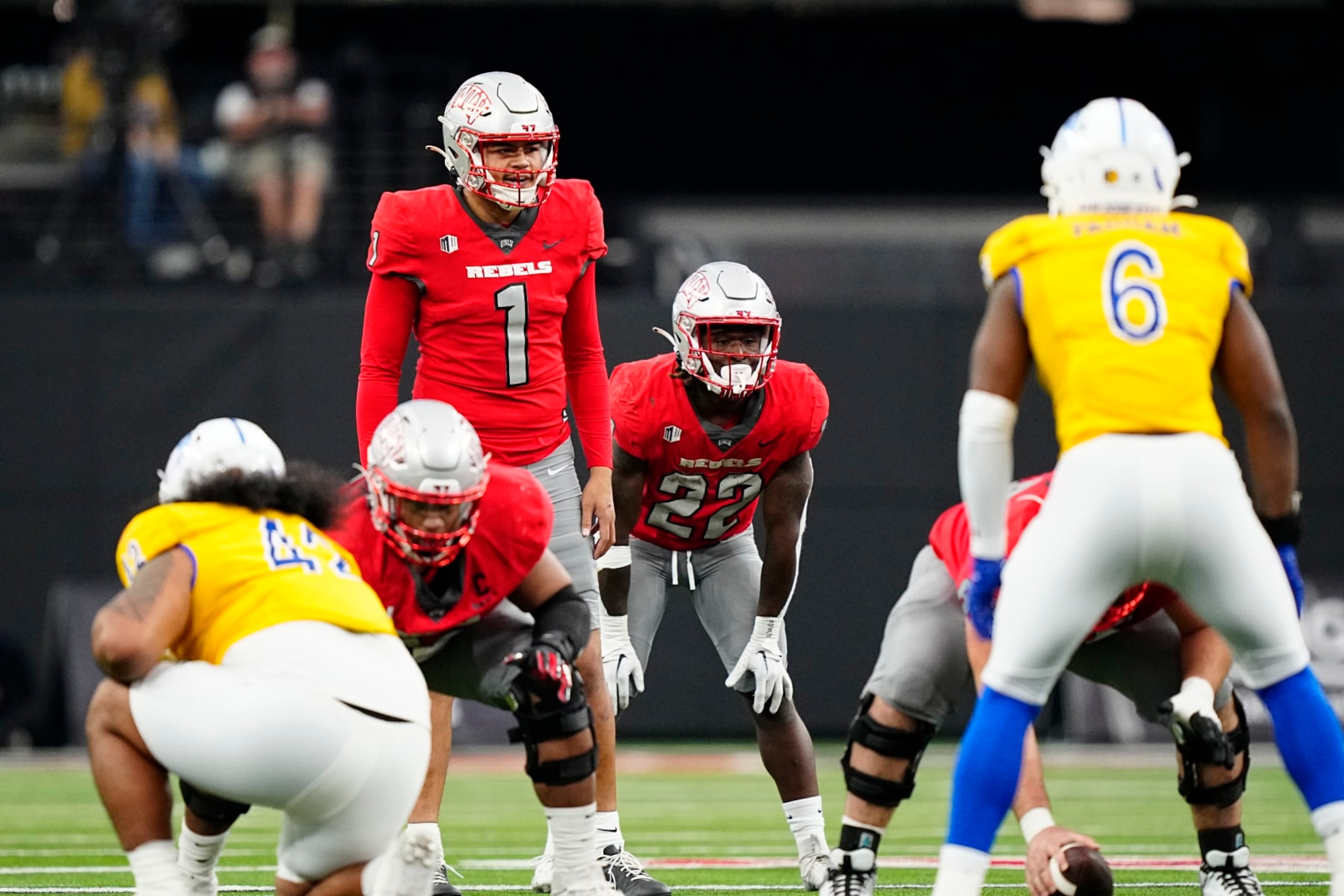 LAS VEGAS, NEVADA - NOVEMBER 25: Jayden Maiava #1 of the UNLV Rebels looks on in the second half of a game against the San Jose State Spartans at Allegiant Stadium on November 25, 2023 in Las Vegas, Nevada. The Spartans defeat the Rebels 37-31. (Photo by Louis Grasse/Getty Images)