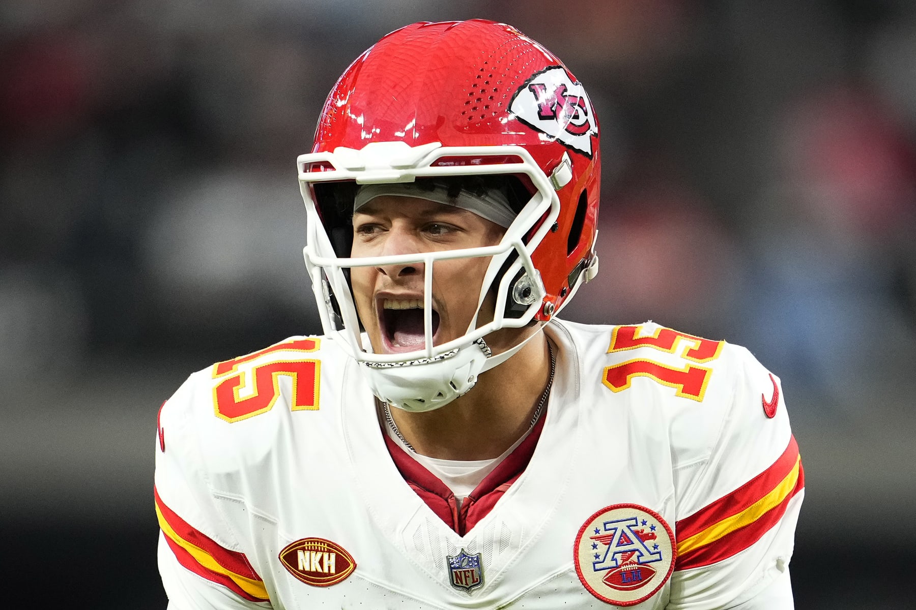 LAS VEGAS, NEVADA - NOVEMBER 26: Patrick Mahomes #15 of the Kansas City Chiefs reacts during the second quarter of a game against the Las Vegas Raiders at Allegiant Stadium on November 26, 2023 in Las Vegas, Nevada. (Photo by Jeff Bottari/Getty Images)