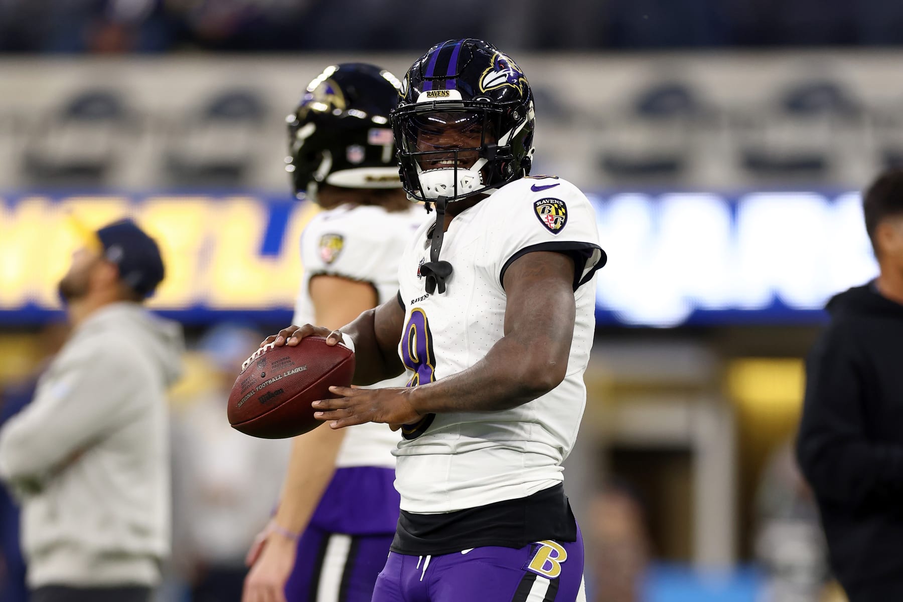 INGLEWOOD, CALIFORNIA - NOVEMBER 26: Lamar Jackson #8 of the Baltimore Ravens warms up prior to the game against the Los Angeles Chargers at SoFi Stadium on November 26, 2023 in Inglewood, California. (Photo by Katelyn Mulcahy/Getty Images)