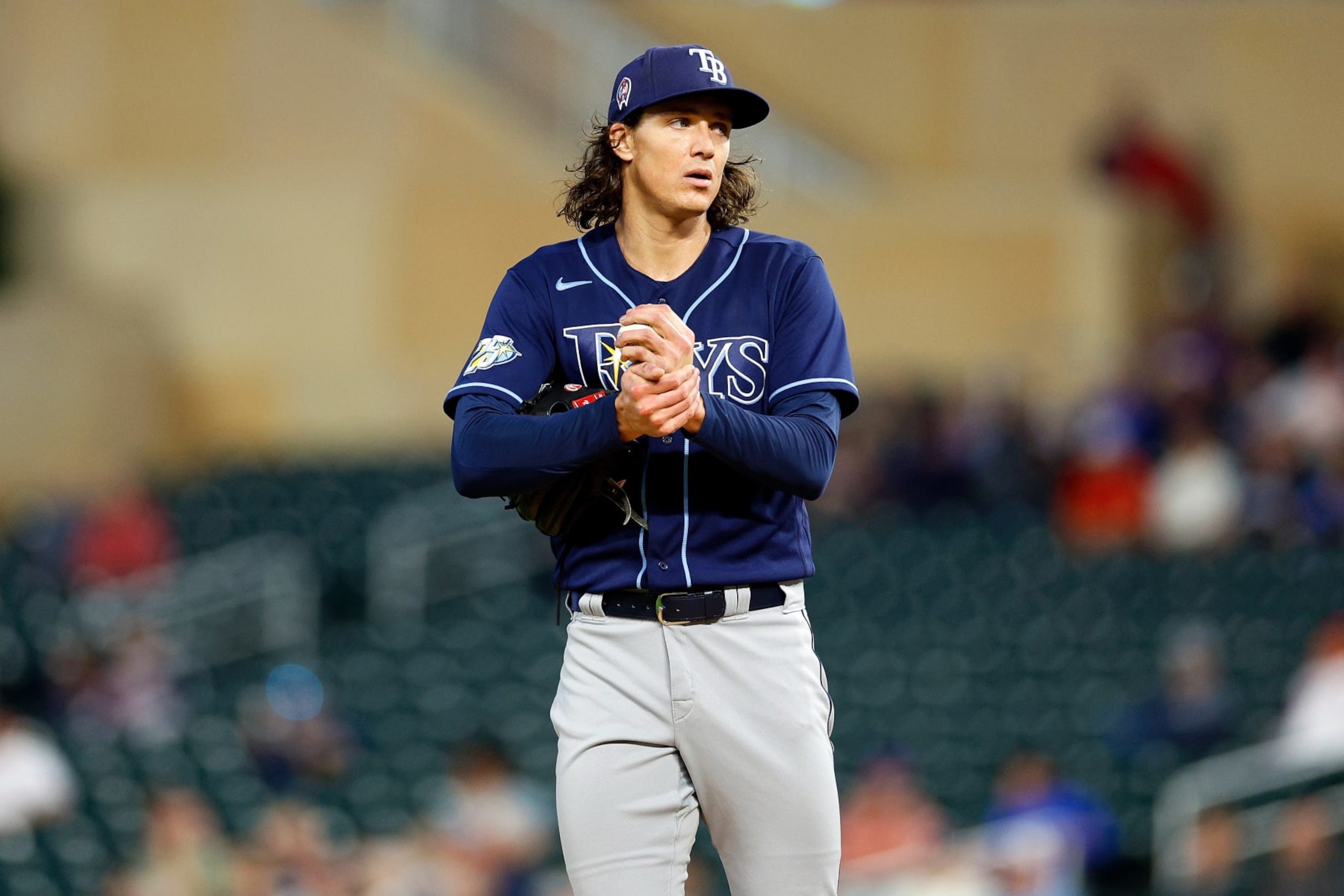 MINNEAPOLIS, MINNESOTA - SEPTEMBER 11: Tyler Glasnow #20 of the Tampa Bay Rays looks on against the Minnesota Twins in the third inning at Target Field on September 11, 2023 in Minneapolis, Minnesota. The Rays defeated the Twins 7-4. (Photo by David Berding/Getty Images) MINNEAPOLIS, MINNESOTA - SEPTEMBER 11: Tyler Glasnow #20 of the Tampa Bay Rays looks on against the Minnesota Twins in the third inning at Target Field on September 11, 2023 in Minneapolis, Minnesota. The Rays defeated the Twins 7-4. (Photo by David Berding/Getty Images)