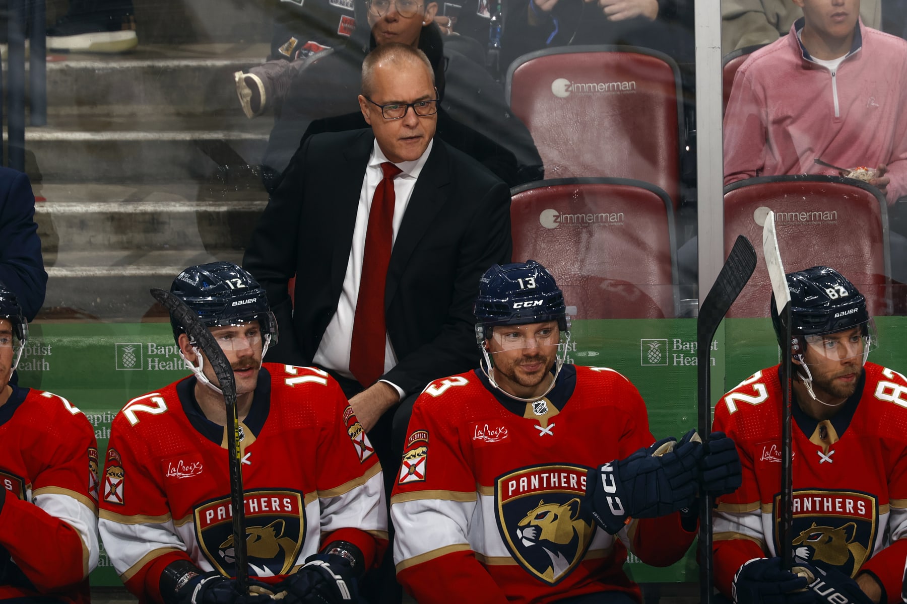 SUNRISE, FL - NOVEMBER 22: Head coach Paul Maurice of the Florida Pantherslooks on during third period action against the Boston Bruins at the Amerant Bank Arena on November 22, 2023 in Sunrise, Florida. (Photo by Joel Auerbach/Getty Images)