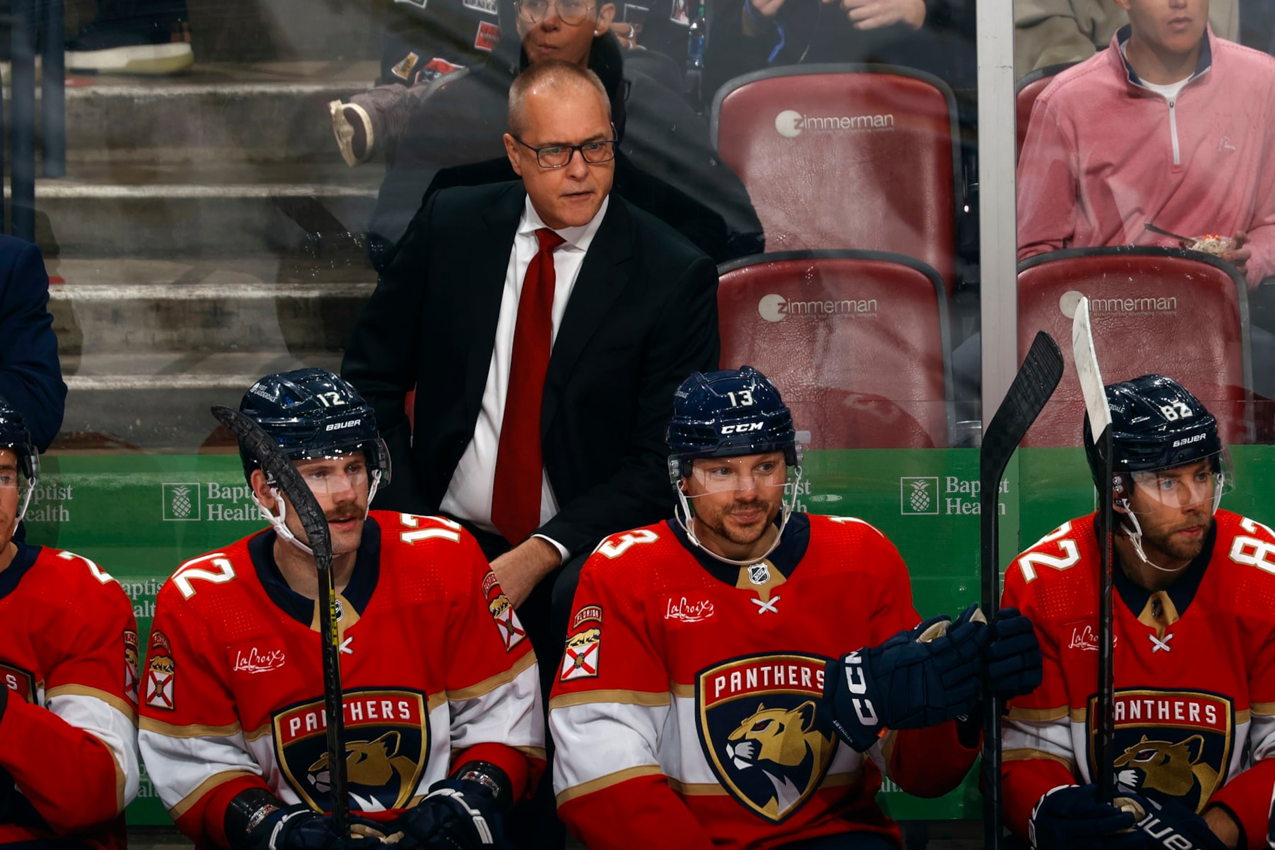SUNRISE, FL - NOVEMBER 22: Head coach Paul Maurice of the Florida Pantherslooks on during third period action against the Boston Bruins at the Amerant Bank Arena on November 22, 2023 in Sunrise, Florida. (Photo by Joel Auerbach/Getty Images)