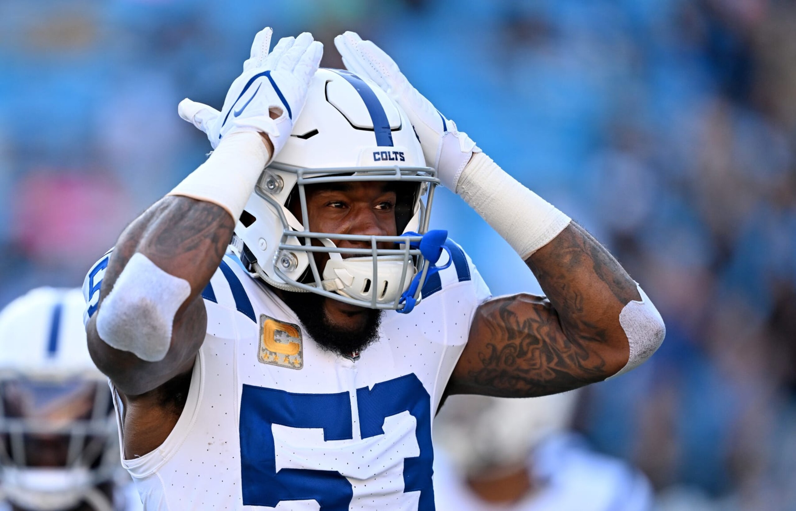 CHARLOTTE, NORTH CAROLINA - NOVEMBER 05: Shaquille Leonard #53 of the Indianapolis Colts cheers before the game against the Carolina Panthers at Bank of America Stadium on November 05, 2023 in Charlotte, North Carolina. (Photo by Grant Halverson/Getty Images)