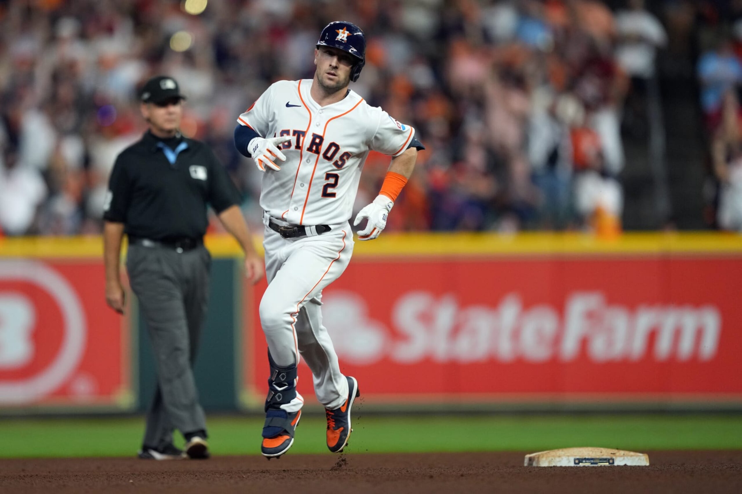 HOUSTON, TX - OCTOBER 23: Alex Bregman #2 of the Houston Astros rounds the bases after hitting a home run in the third inning during Game 7 of the ALCS between the Texas Rangers and the Houston Astros at Minute Maid Park on Monday, October 23, 2023 in Houston, Texas. (Photo by Alex Bierens de Haan/MLB Photos via Getty Images)