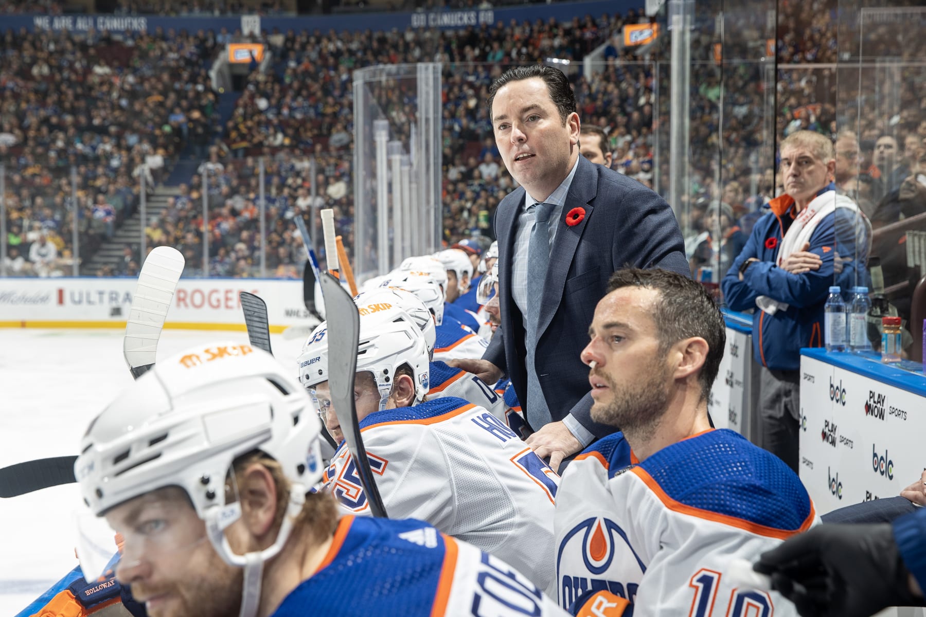 VANCOUVER, CANADA - NOVEMBER 6: Jay Woodcroft argues with the ref during the first period of their NHL game against the Vancouver Canucks at Rogers Arena on November 6, 2023 in Vancouver, British Columbia, Canada.  (Photo by Jeff Vinnick/NHLI via Getty Images)