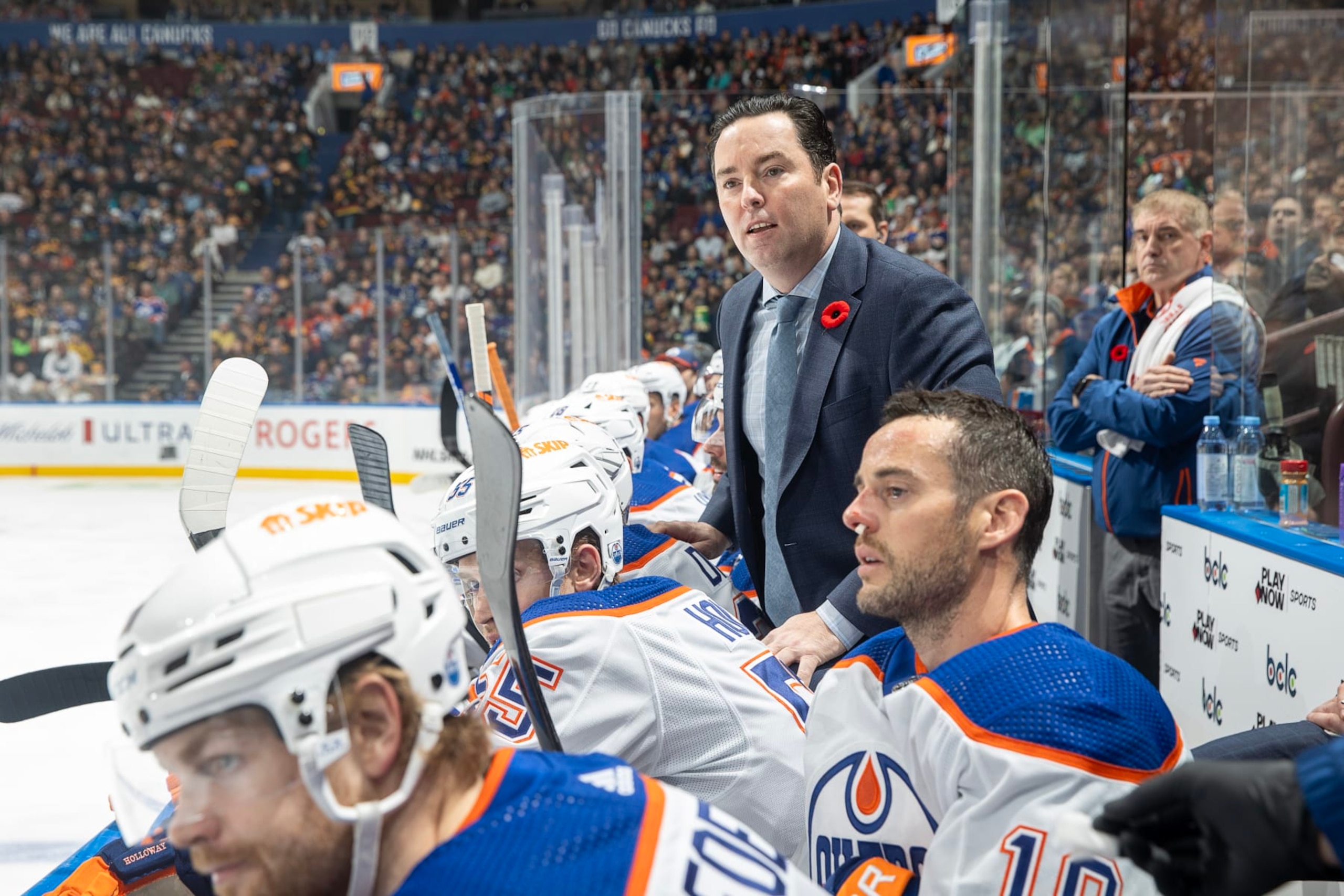 VANCOUVER, CANADA - NOVEMBER 6: Jay Woodcroft argues with the ref during the first period of their NHL game against the Vancouver Canucks at Rogers Arena on November 6, 2023 in Vancouver, British Columbia, Canada.  (Photo by Jeff Vinnick/NHLI via Getty Images)