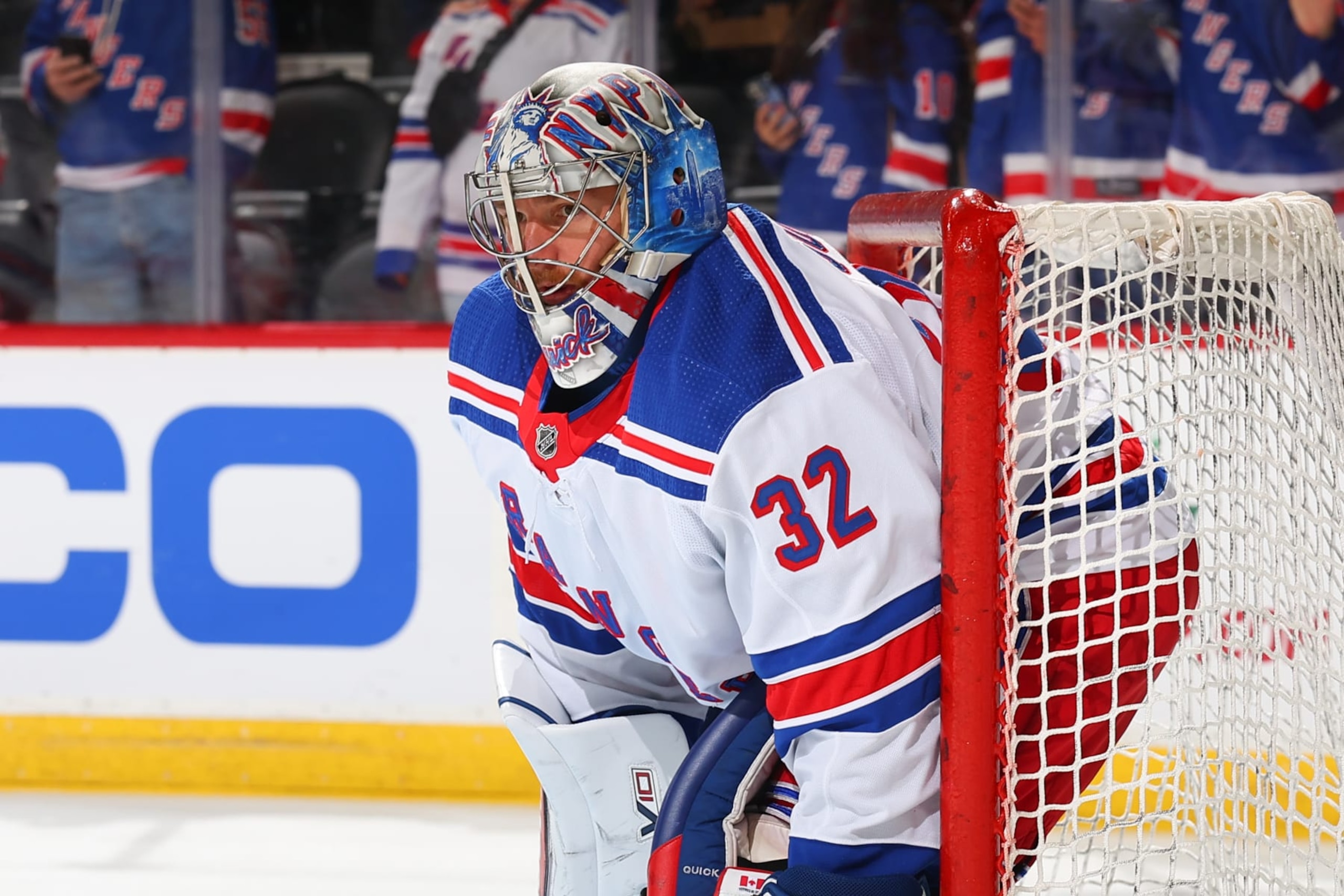 NEWARK, NJ - NOVEMBER 18:  Jonathan Quick #32 of the New York Rangers warms up prior to the game against the New Jersey Devils at the Prudential Center on November 18, 2023 in Newark, New Jersey.  (Photo by Rich Graessle/NHLI via Getty Images)