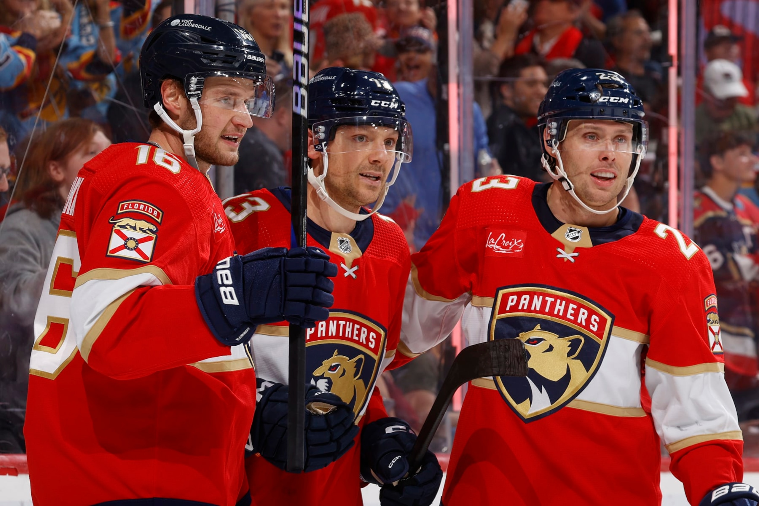 SUNRISE, FL - NOVEMBER 12: Teammates congratulate Sam Reinhart #13 of the Florida Panthers after he scored a first period goal against the Chicago Blackhawks at the Amerant Bank Arena on November 12, 2023 in Sunrise, Florida. (Photo by Joel Auerbach/Getty Images)