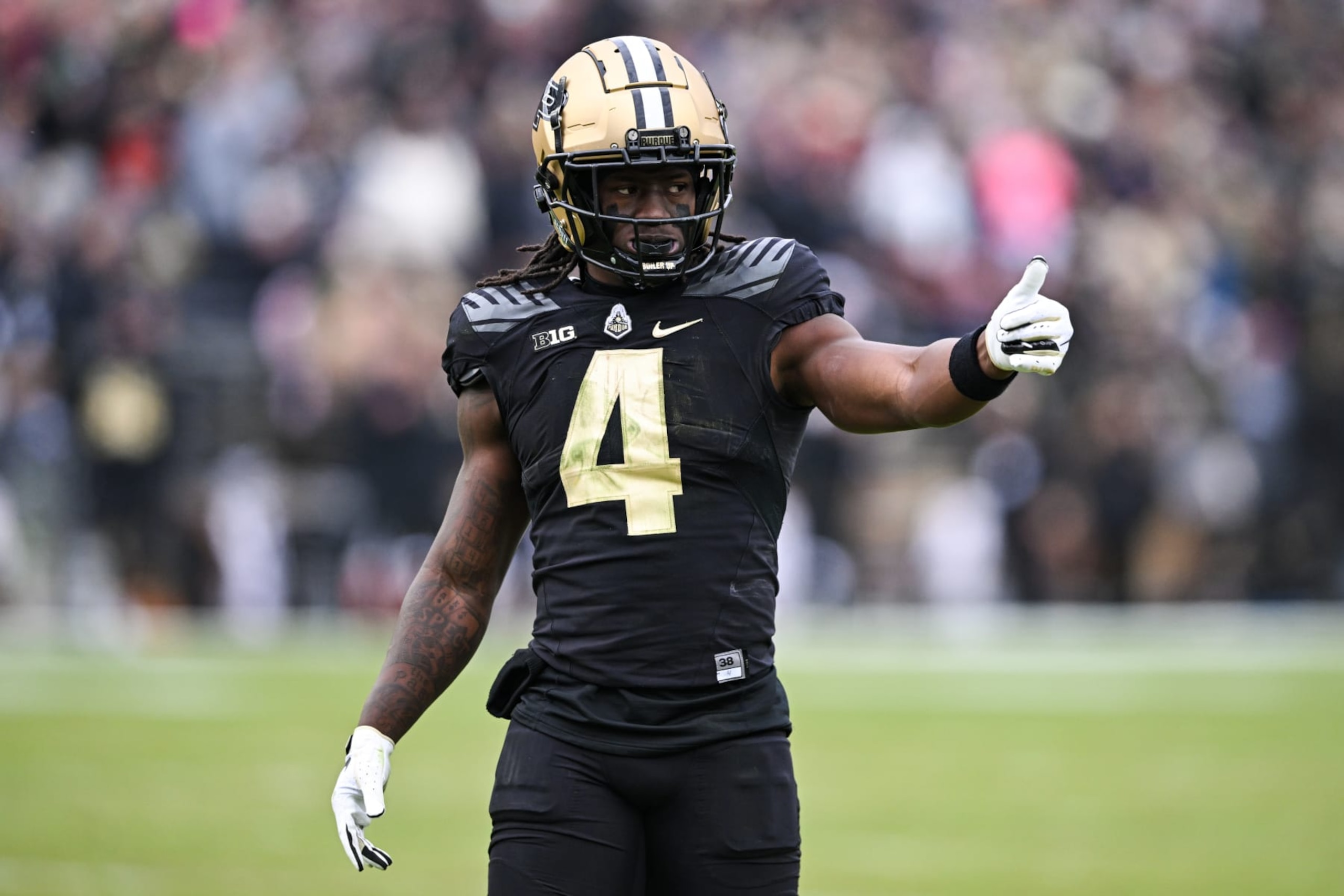 WEST LAFAYETTE, IN - NOVEMBER 25: Purdue WR Deion Burks (4) during a college football game between the Indiana Hoosiers and Purdue Boilermakers on November 25, 2023 at Ross-Ade Stadium in West Lafayette, IN. (Photo by James Black/Icon Sportswire via Getty Images)