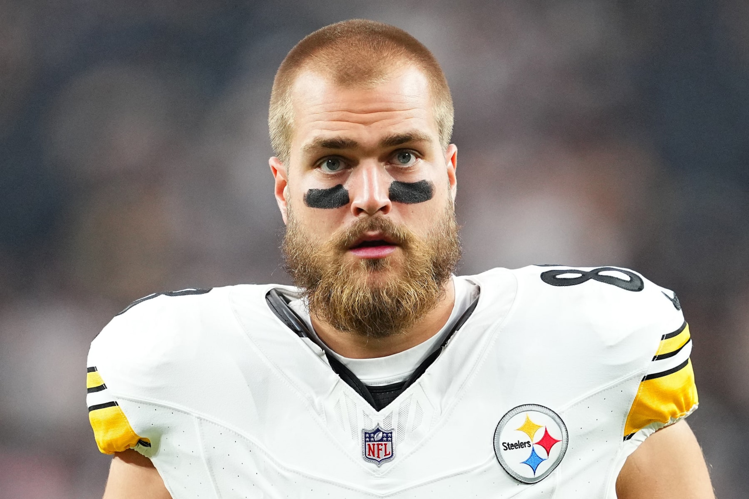 LAS VEGAS, NEVADA - SEPTEMBER 24: Pat Freiermuth #88 of the Pittsburgh Steelers looks on before a game against the Las Vegas Raiders at Allegiant Stadium on September 24, 2023 in Las Vegas, Nevada. (Photo by Chris Unger/Getty Images)