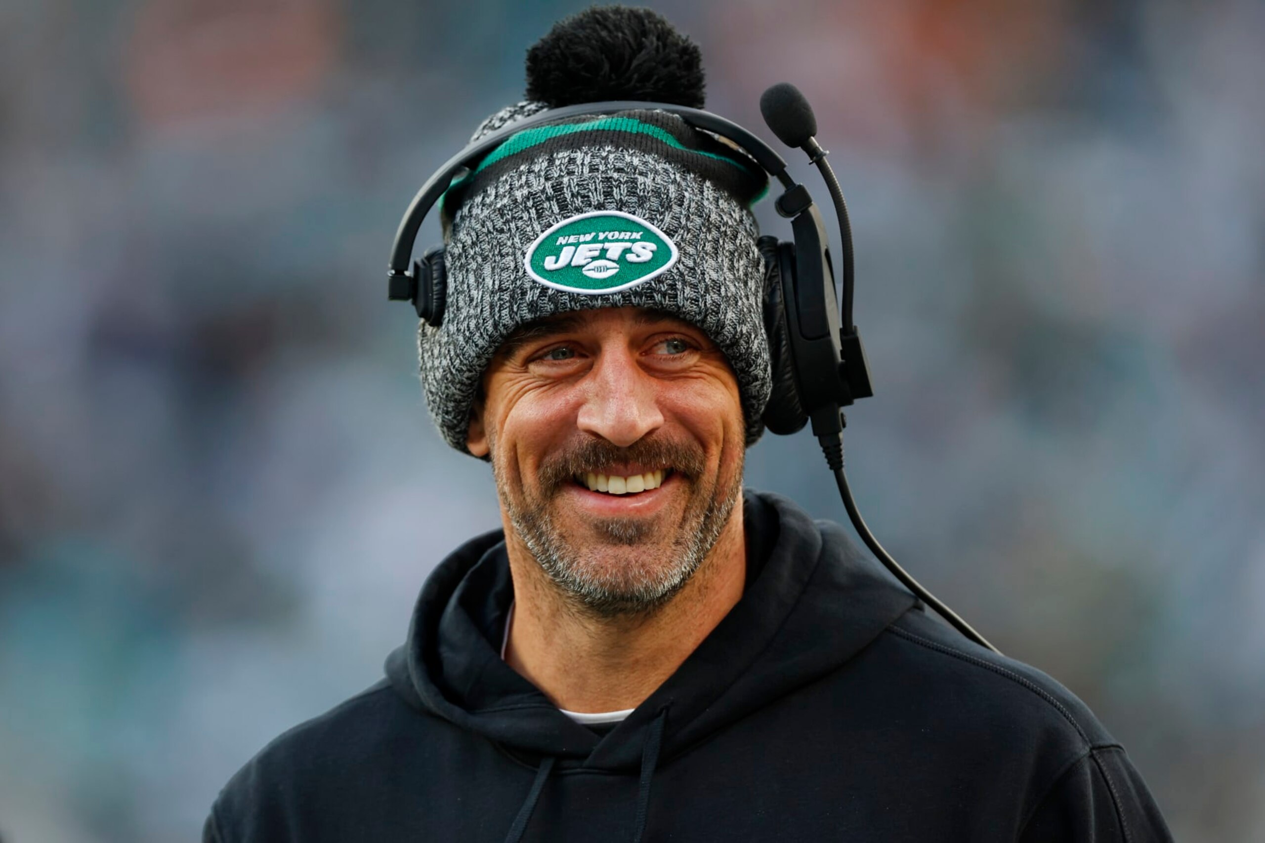 EAST RUTHERFORD, NEW JERSEY - NOVEMBER 24: Quarterback Aaron Rodgers #8 of the New York Jets on the sidelines during a football game against the Miami Dolphins at MetLife Stadium on November 24, 2023 in East Rutherford, New Jersey. (Photo by Rich Schultz/Getty Images) EAST RUTHERFORD, NEW JERSEY - NOVEMBER 24: Quarterback Aaron Rodgers #8 of the New York Jets on the sidelines during a football game against the Miami Dolphins at MetLife Stadium on November 24, 2023 in East Rutherford, New Jersey. (Photo by Rich Schultz/Getty Images)