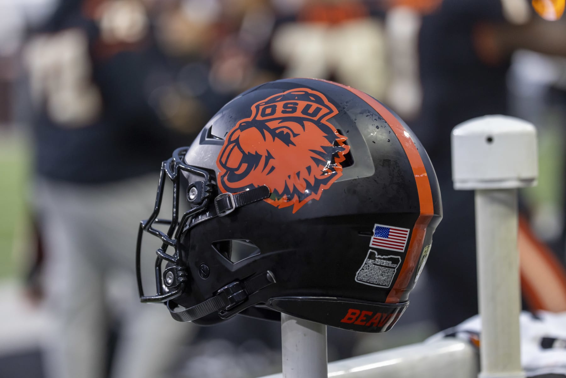 CORVALLIS, OREGON - OCTOBER 14: A close up of an Oregon State Beavers helmet on the sidelines during a game against the UCLA Bruins at Reser Stadium on October 14, 2023 in Corvallis, Oregon. (Photo by Tom Hauck/Getty Images) CORVALLIS, OREGON - OCTOBER 14: A close up of an Oregon State Beavers helmet on the sidelines during a game against the UCLA Bruins at Reser Stadium on October 14, 2023 in Corvallis, Oregon. (Photo by Tom Hauck/Getty Images)