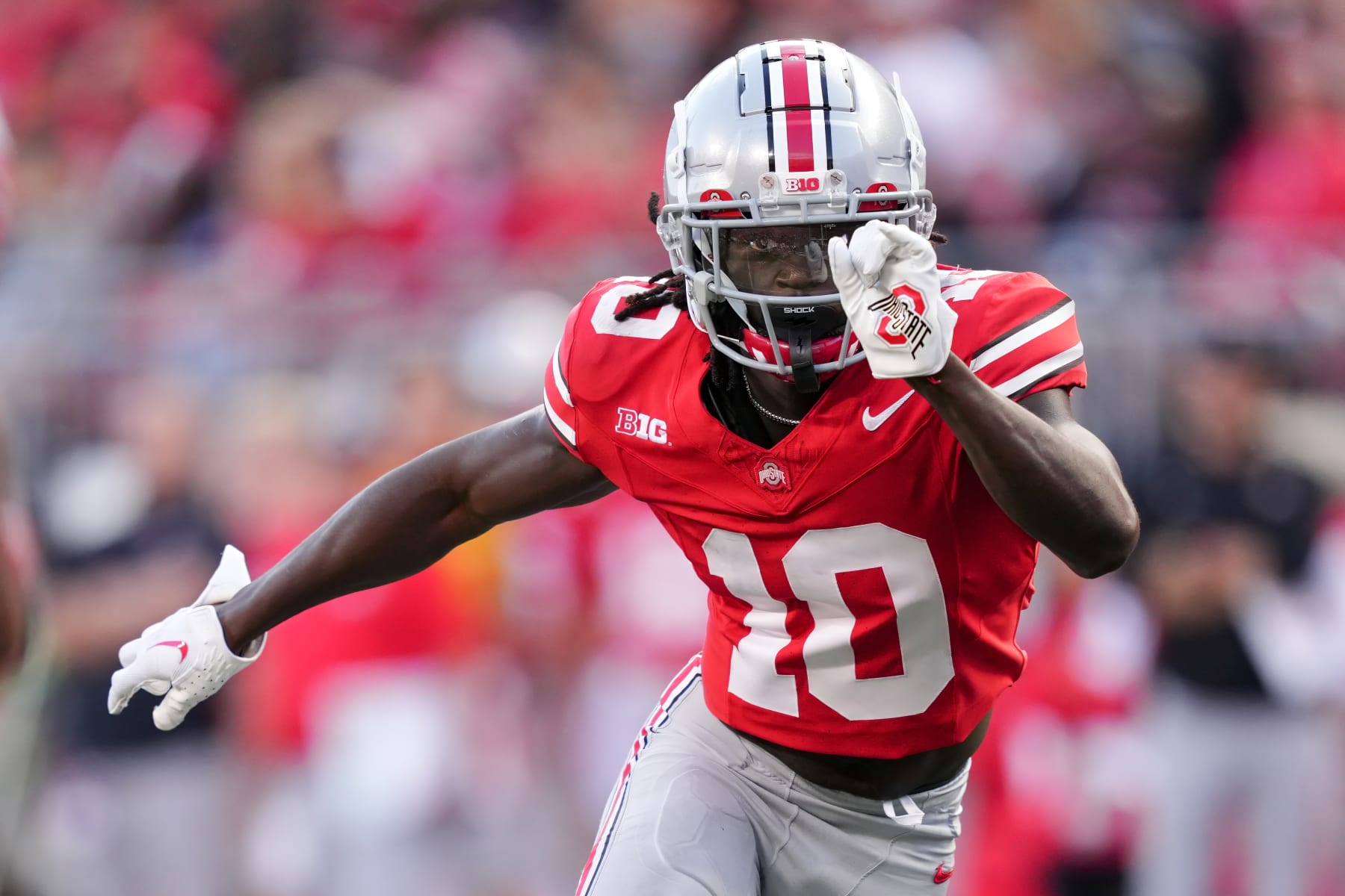 COLUMBUS, OHIO - SEPTEMBER 16: Denzel Burke #10 of the Ohio State Buckeyes in action in the third quarter against the Western Kentucky Hilltoppers at Ohio Stadium on September 16, 2023 in Columbus, Ohio. (Photo by Dylan Buell/Getty Images)