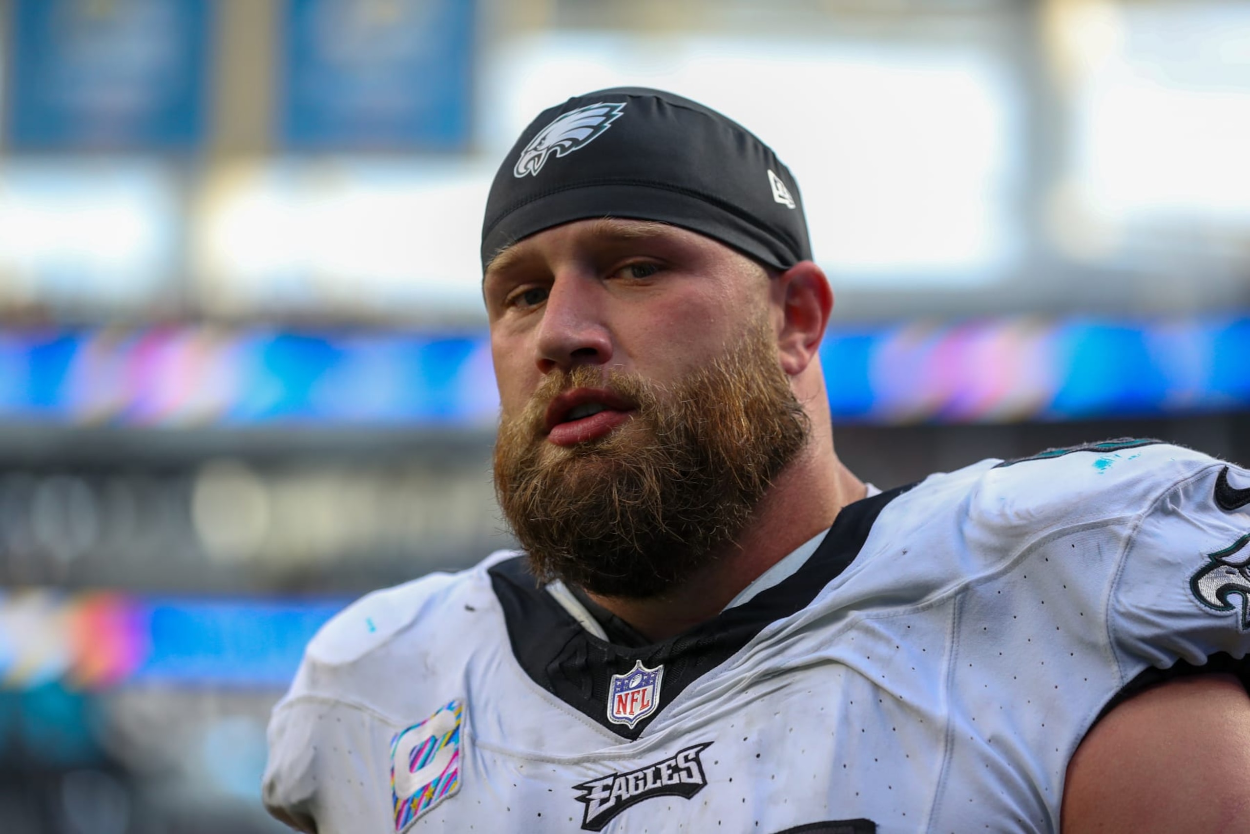 INGLEWOOD, CA - OCTOBER 08: Philadelphia Eagles offensive tackle Lane Johnson (65) walks off of the field during the NFL game between the Philadelphia Eagles and the Los Angeles Rams on October 08, 2023, at SoFi Stadium in Inglewood, CA.(Photo by Jordon Kelly/Icon Sportswire via Getty Images)