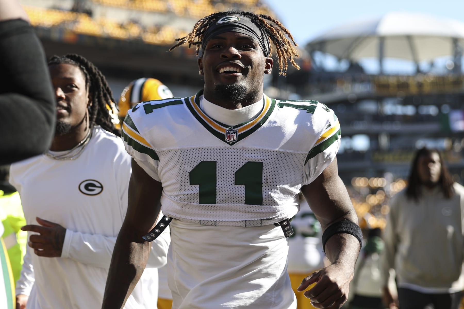 PITTSBURGH, PA - NOVEMBER 12: Jayden Reed #11 of the Green Bay Packers walks off of the field after warmups prior to an NFL football game against the Pittsburgh Steelers at Acrisure Stadium on November 12, 2023 in Pittsburgh, Pennsylvania. (Photo by Perry Knotts/Getty Images)