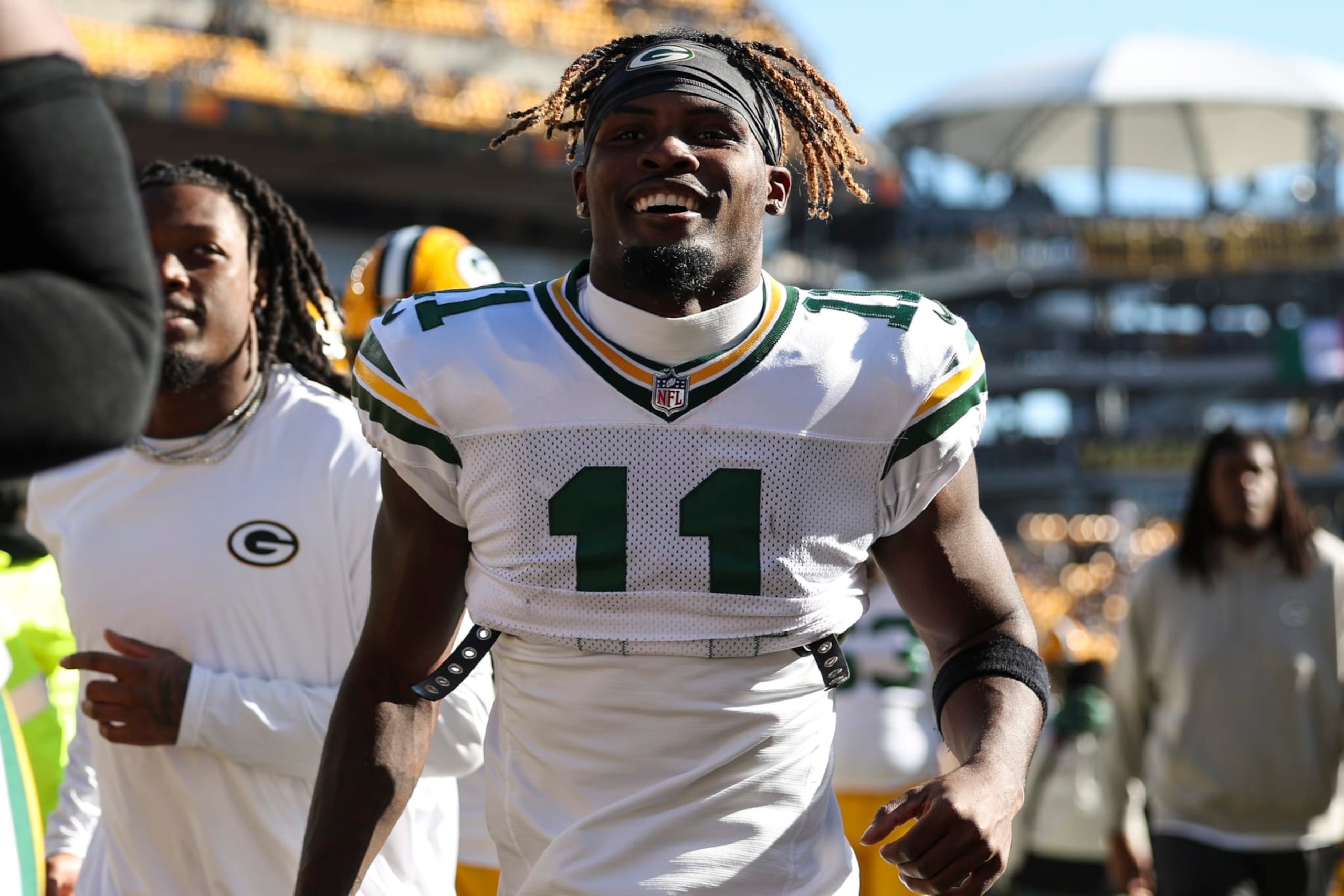PITTSBURGH, PA - NOVEMBER 12: Jayden Reed #11 of the Green Bay Packers walks off of the field after warmups prior to an NFL football game against the Pittsburgh Steelers at Acrisure Stadium on November 12, 2023 in Pittsburgh, Pennsylvania. (Photo by Perry Knotts/Getty Images)