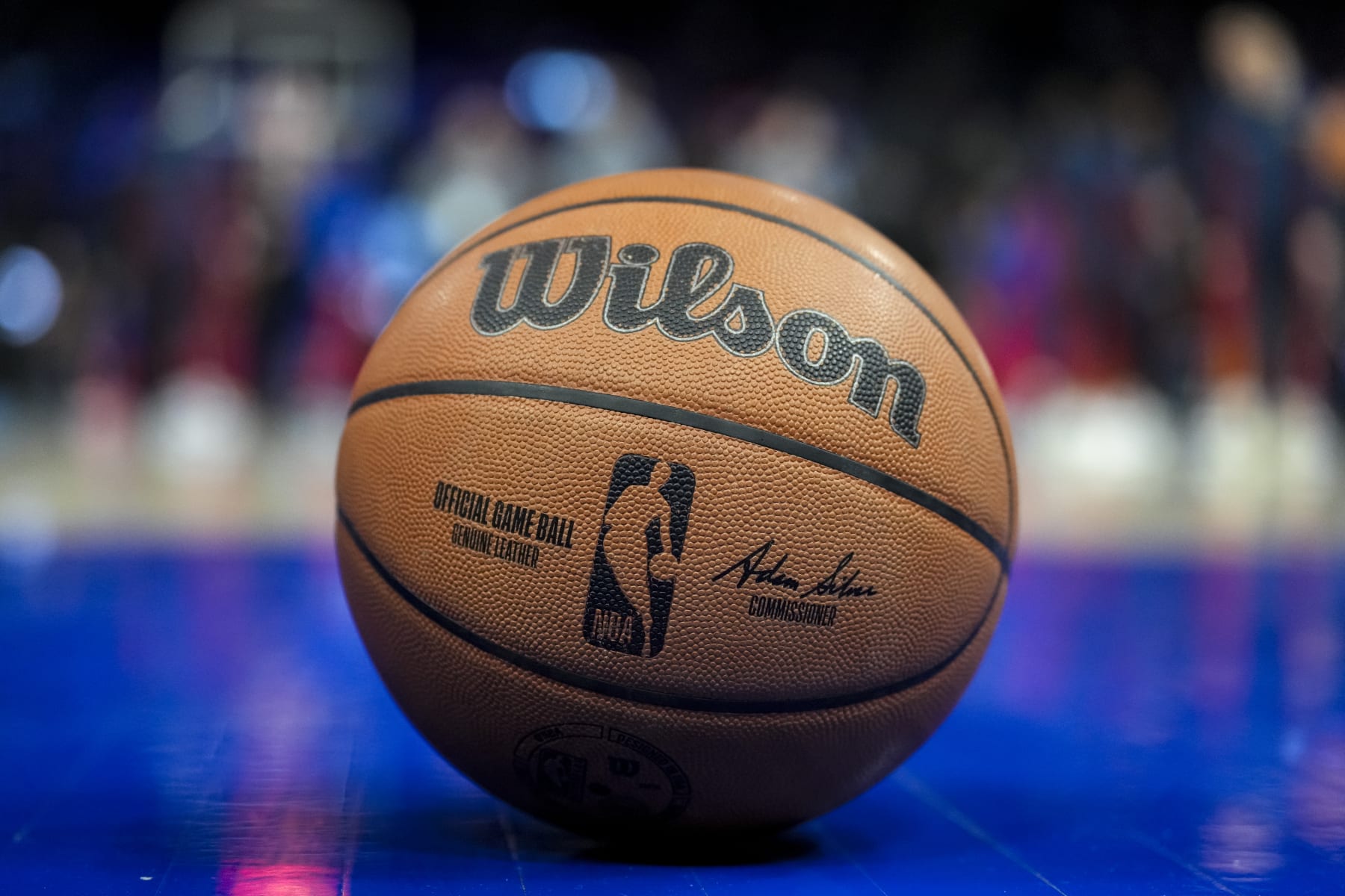 DETROIT, MICHIGAN - NOVEMBER 20: A Wilson Brand NBA official game ball is pictured before the game between the Detroit Pistons and Denver Nuggets at Little Caesars Arena on November 20, 2023 in Detroit, Michigan. NOTE TO USER: User expressly acknowledges and agrees that, by downloading and or using this photograph, User is consenting to the terms and conditions of the Getty Images License Agreement. (Photo by Nic Antaya/Getty Images)