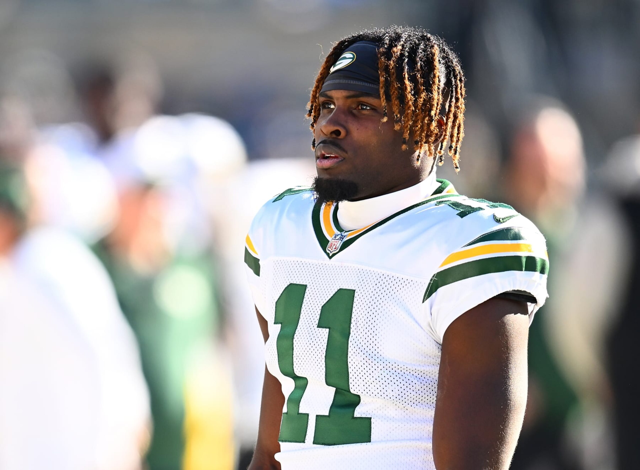 PITTSBURGH, PENNSYLVANIA - NOVEMBER 12:  Jayden Reed #11 of the Green Bay Packers looks on during the game against the Pittsburgh Steelers at Acrisure Stadium on November 12, 2023 in Pittsburgh, Pennsylvania. (Photo by Joe Sargent/Getty Images)