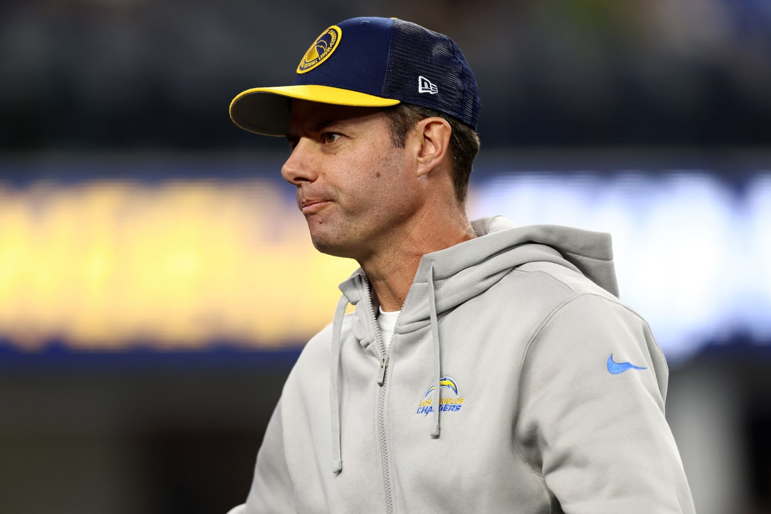 INGLEWOOD, CALIFORNIA - NOVEMBER 26: Head coach Brandon Staley of the Los Angeles Chargers looks on prior to the game against the Baltimore Ravens at SoFi Stadium on November 26, 2023 in Inglewood, California. (Photo by Katelyn Mulcahy/Getty Images)