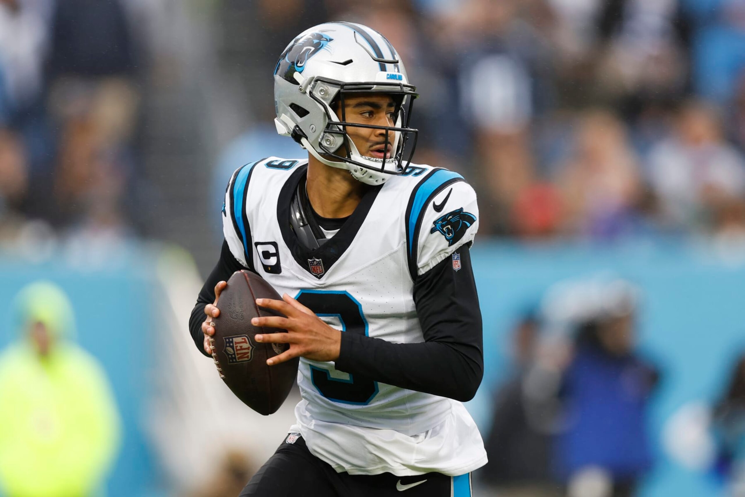 NASHVILLE, TENNESSEE - NOVEMBER 26: Bryce Young #9 of the Carolina Panthers attempts a pass during the second quarter against the Tennessee Titans at Nissan Stadium on November 26, 2023 in Nashville, Tennessee. (Photo by Wesley Hitt/Getty Images)