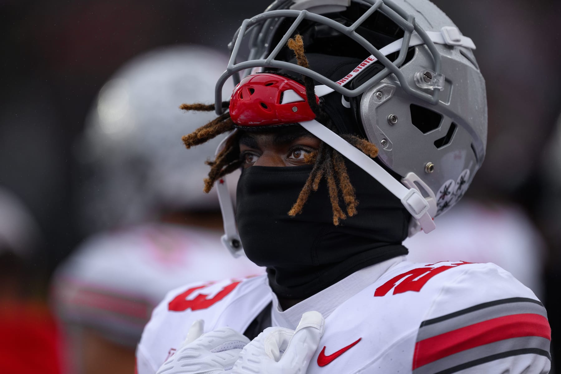 WEST LAFAYETTE, IN - OCTOBER 14: Ohio State Buckeyes defensive end Omari Abor (23) on the sidelines during the college football game between the Purdue Boilermakers and Ohio State Buckeyes on October 14, 2023, at Ross-Ade Stadium in West Lafayette, IN. (Photo by Zach Bolinger/Icon Sportswire via Getty Images)