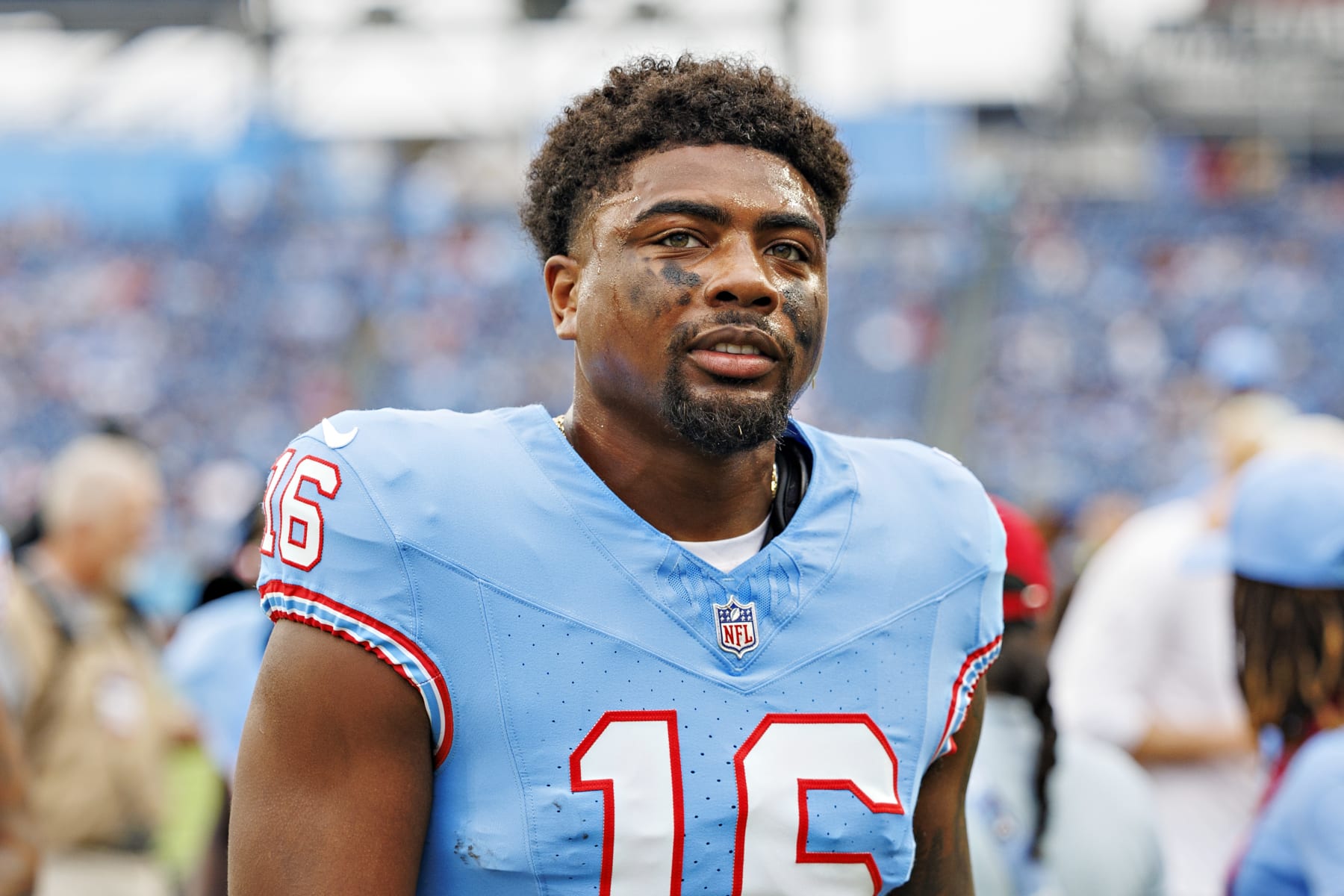 NASHVILLE, TENNESSEE - OCTOBER 29:  Treylon Burks  #16 of the Tennessee Titans walks off the field before the game against the Atlanta Falcons at Nissan Stadium on October 29, 2023 in Nashville, Tennessee. The Titans defeated the Falcons 28-23. (Photo by Wesley Hitt/Getty Images)
