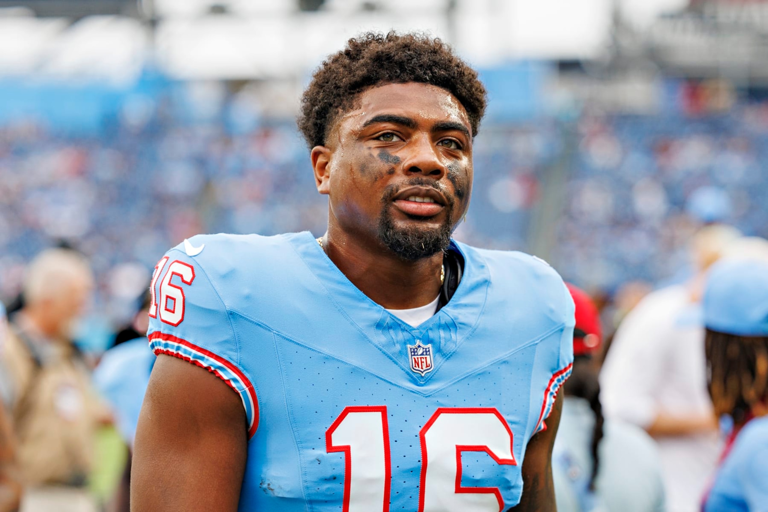 NASHVILLE, TENNESSEE - OCTOBER 29:  Treylon Burks  #16 of the Tennessee Titans walks off the field before the game against the Atlanta Falcons at Nissan Stadium on October 29, 2023 in Nashville, Tennessee. The Titans defeated the Falcons 28-23. (Photo by Wesley Hitt/Getty Images)