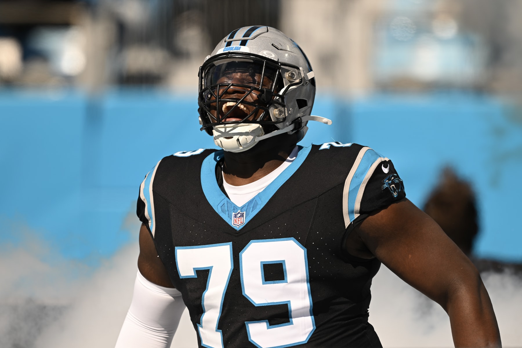 CHARLOTTE, NORTH CAROLINA - OCTOBER 29: Ikem Ekwonu #79 of the Carolina Panthers is introduced before the game against the Houston Texans at Bank of America Stadium on October 29, 2023 in Charlotte, North Carolina. (Photo by Grant Halverson/Getty Images)