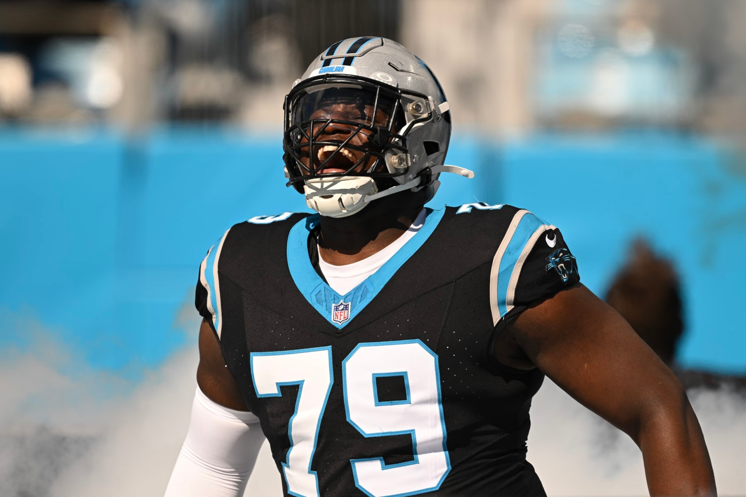 CHARLOTTE, NORTH CAROLINA - OCTOBER 29: Ikem Ekwonu #79 of the Carolina Panthers is introduced before the game against the Houston Texans at Bank of America Stadium on October 29, 2023 in Charlotte, North Carolina. (Photo by Grant Halverson/Getty Images)