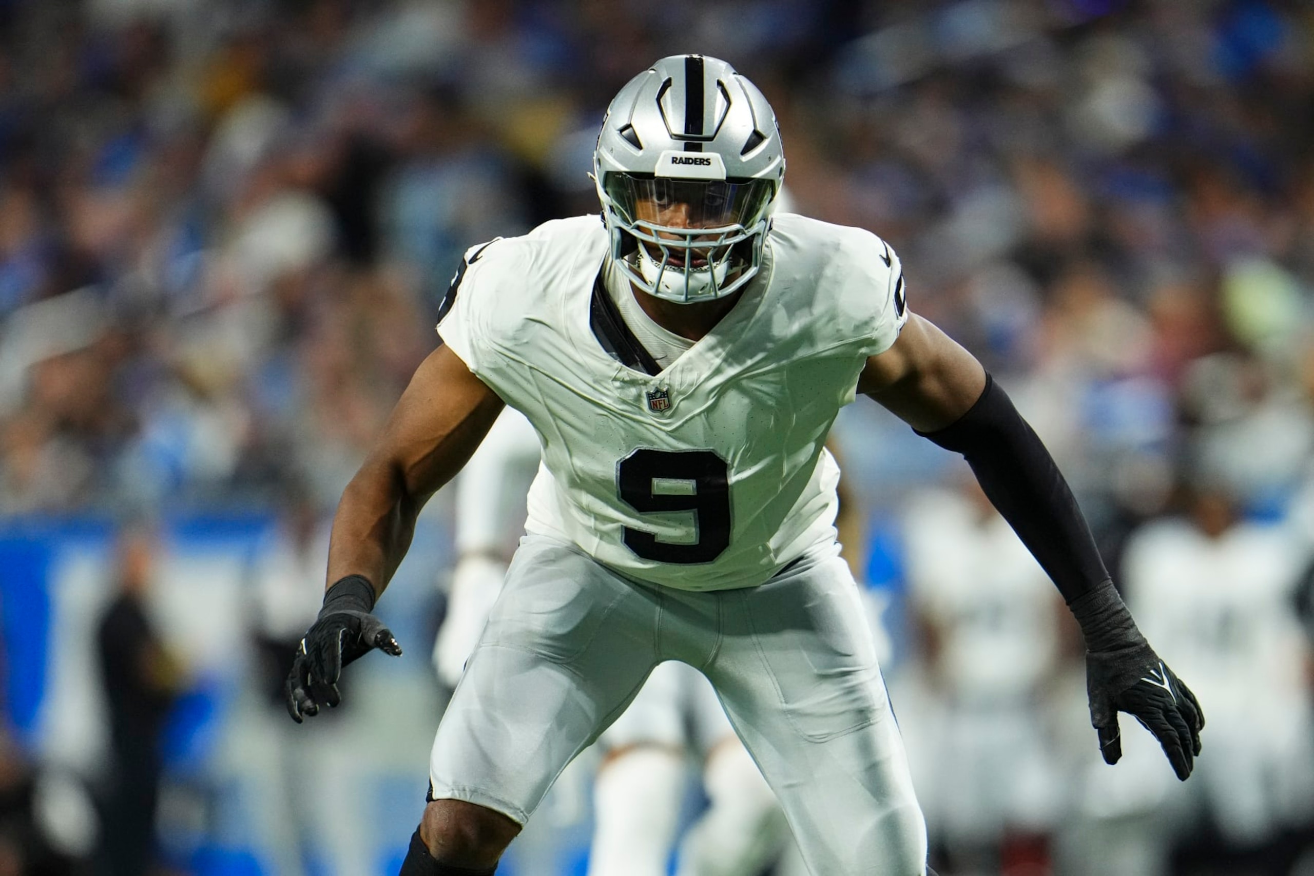 DETROIT, MI - OCTOBER 30: Tyree Wilson #9 of the Las Vegas Raiders defends in coverage during an NFL game against the Detroit Lions at Ford Field on October 30, 2023 in Detroit, Michigan. (Photo by Cooper Neill/Getty Images)