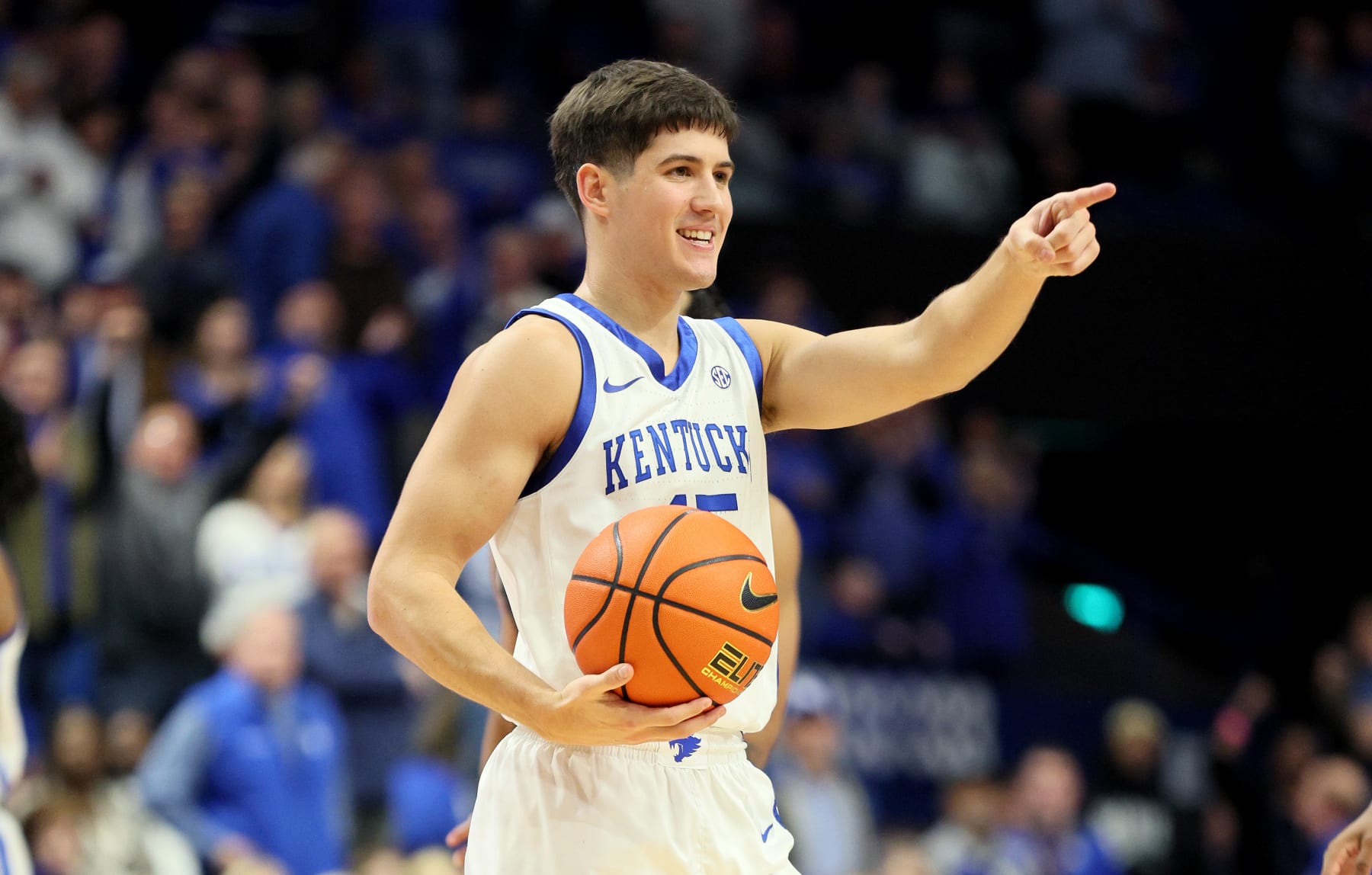 LEXINGTON, KENTUCKY - NOVEMBER 20: Reed Sheppard #15 of the  Kentucky Wildcats celebrates during the 96-88 OT win against the  Saint Joseph's Hawks at Rupp Arena on November 20, 2023 in Lexington, Kentucky. (Photo by Andy Lyons/Getty Images)