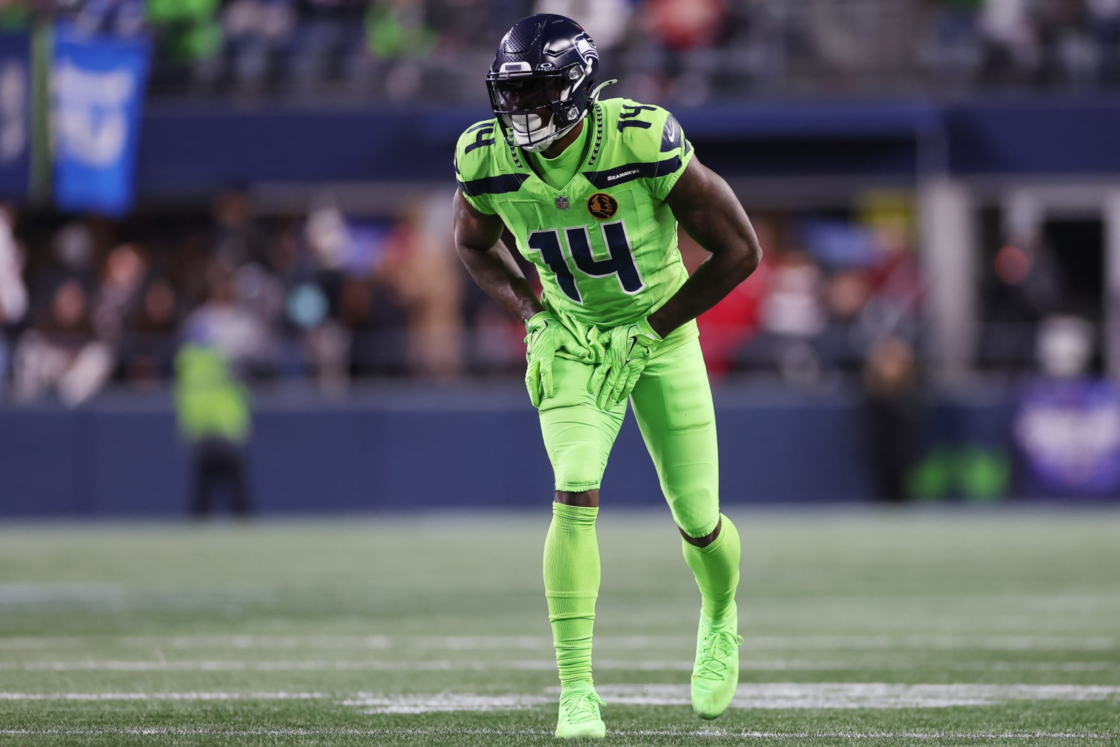 SEATTLE, WASHINGTON - NOVEMBER 23: DK Metcalf #14 of the Seattle Seahawks lines up during the third quarter against the San Francisco 49ersat Lumen Field on November 23, 2023 in Seattle, Washington. (Photo by Steph Chambers/Getty Images)