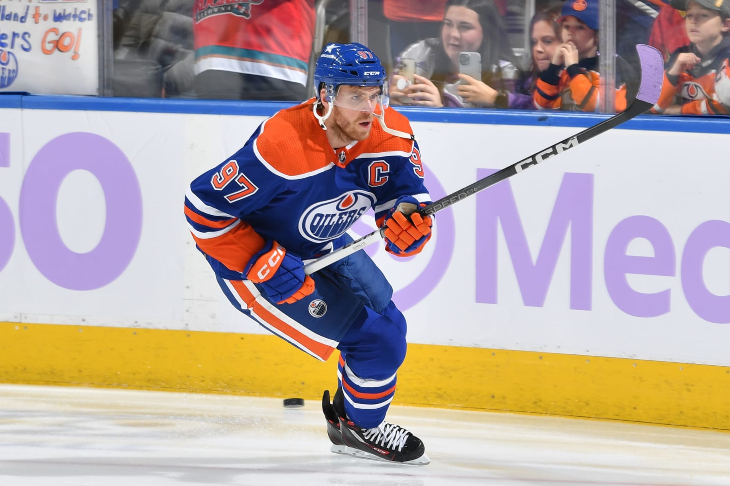 EDMONTON, CANADA - NOVEMBER 28: Connor McDavid #97 of the Edmonton Oilers skates during warm ups with Hockey Fights Cancer tape on his stick before the game against the Vegas Golden Knights at Rogers Place on November 28, 2023, in Edmonton, Alberta, Canada. (Photo by Andy Devlin/NHLI via Getty Images)