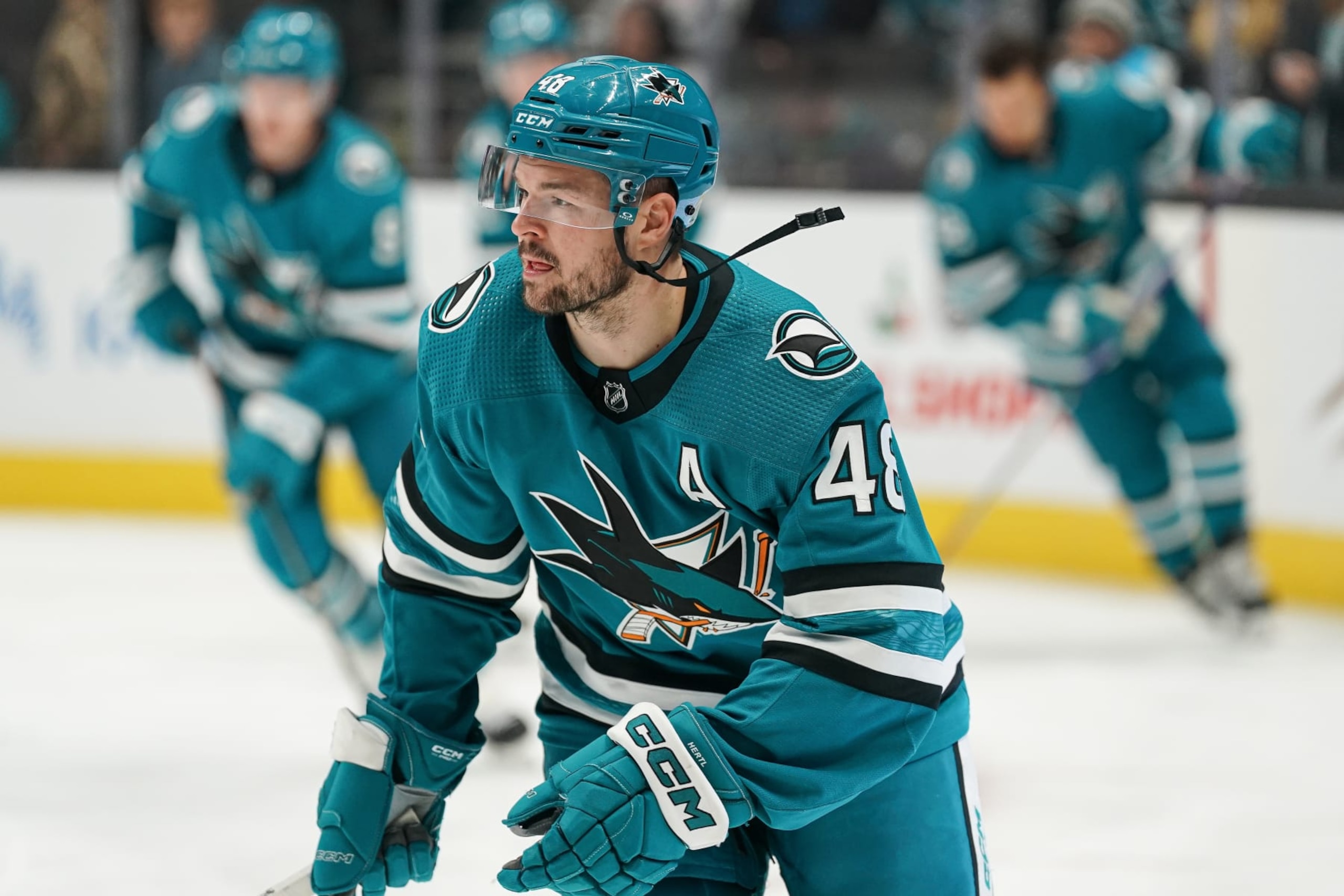 SAN JOSE, CA - NOVEMBER 25: Tomas Hertl #48 of the San Jose Sharks skates during warmups before the game against the Vancouver Canucks at SAP Center on November 25, 2023 in San Jose, California. (Photo by Kavin Mistry/NHLI via Getty Images)