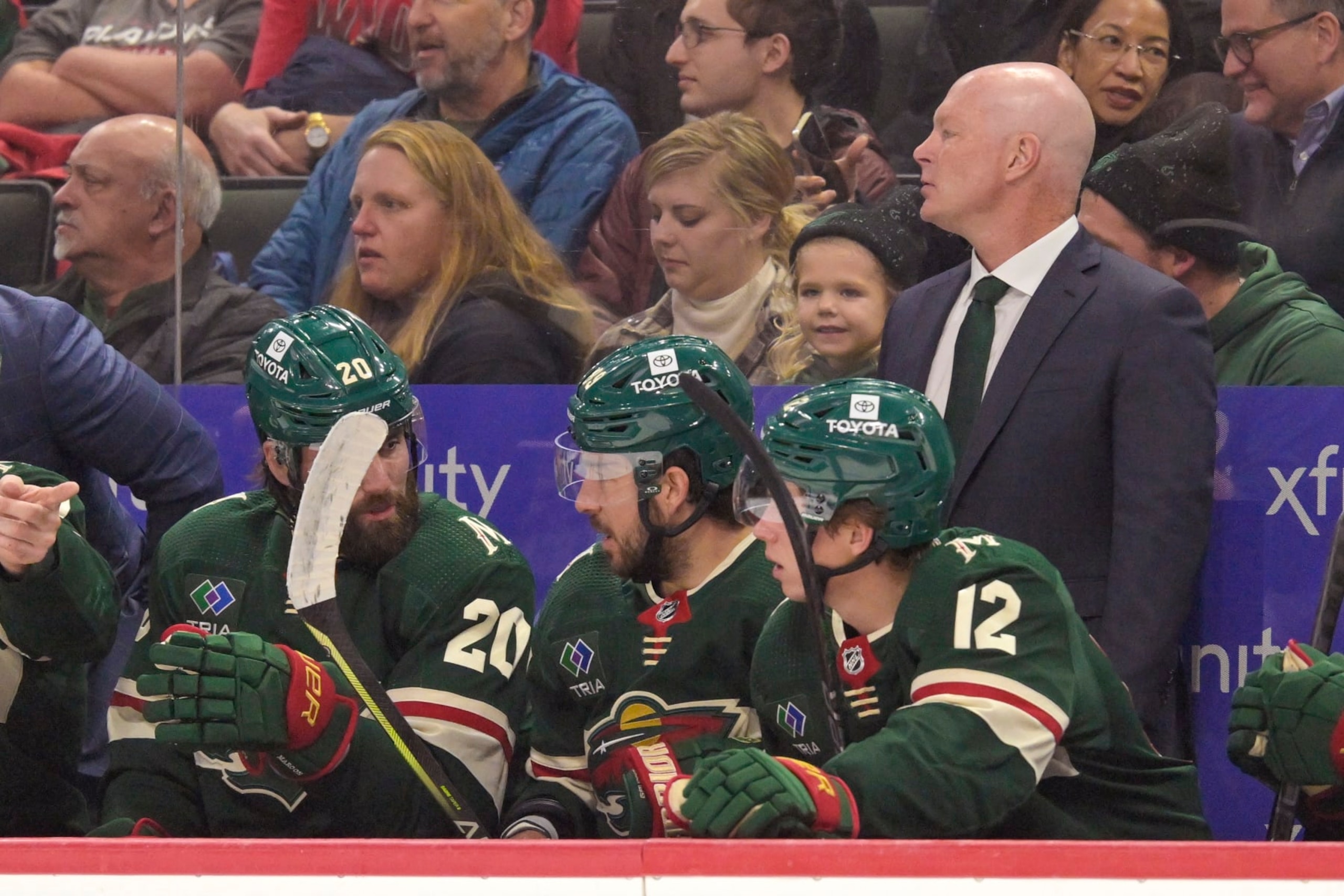 ST. PAUL, MN - NOVEMBER 28: Minnesota Wild head coach John Hynes looks on during the first period on an NHL game between the Minnesota Wild and St. Louis Blues on November 28, 2023, at Xcel Energy Center in St. Paul, MN.(Photo by Nick Wosika/Icon Sportswire via Getty Images)