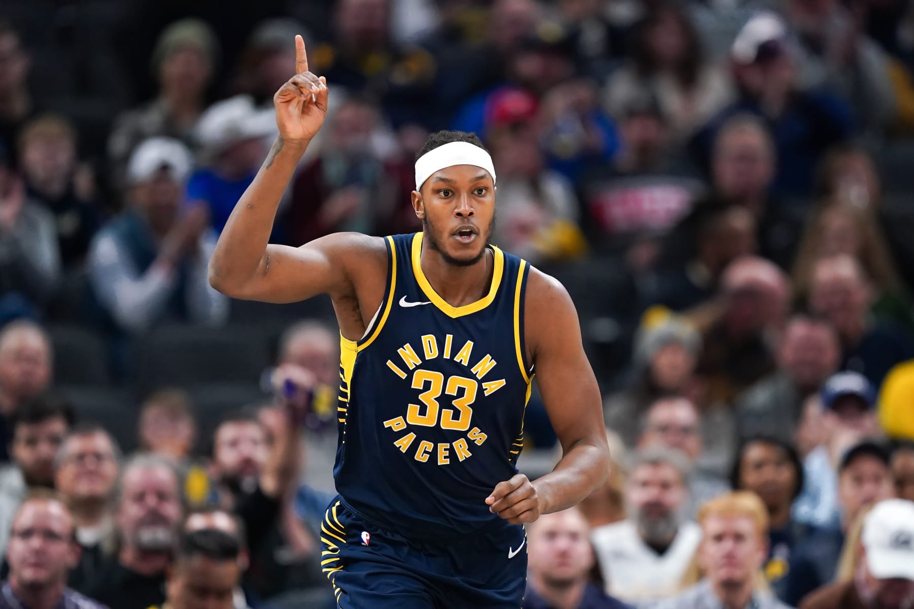 INDIANAPOLIS, INDIANA - NOVEMBER 27: Myles Turner #33 of the Indiana Pacers reacts in the first quarter against the Portland Trail Blazers at Gainbridge Fieldhouse on November 27, 2023 in Indianapolis, Indiana. NOTE TO USER: User expressly acknowledges and agrees that, by downloading and or using this photograph, User is consenting to the terms and conditions of the Getty Images License Agreement. (Photo by Dylan Buell/Getty Images)