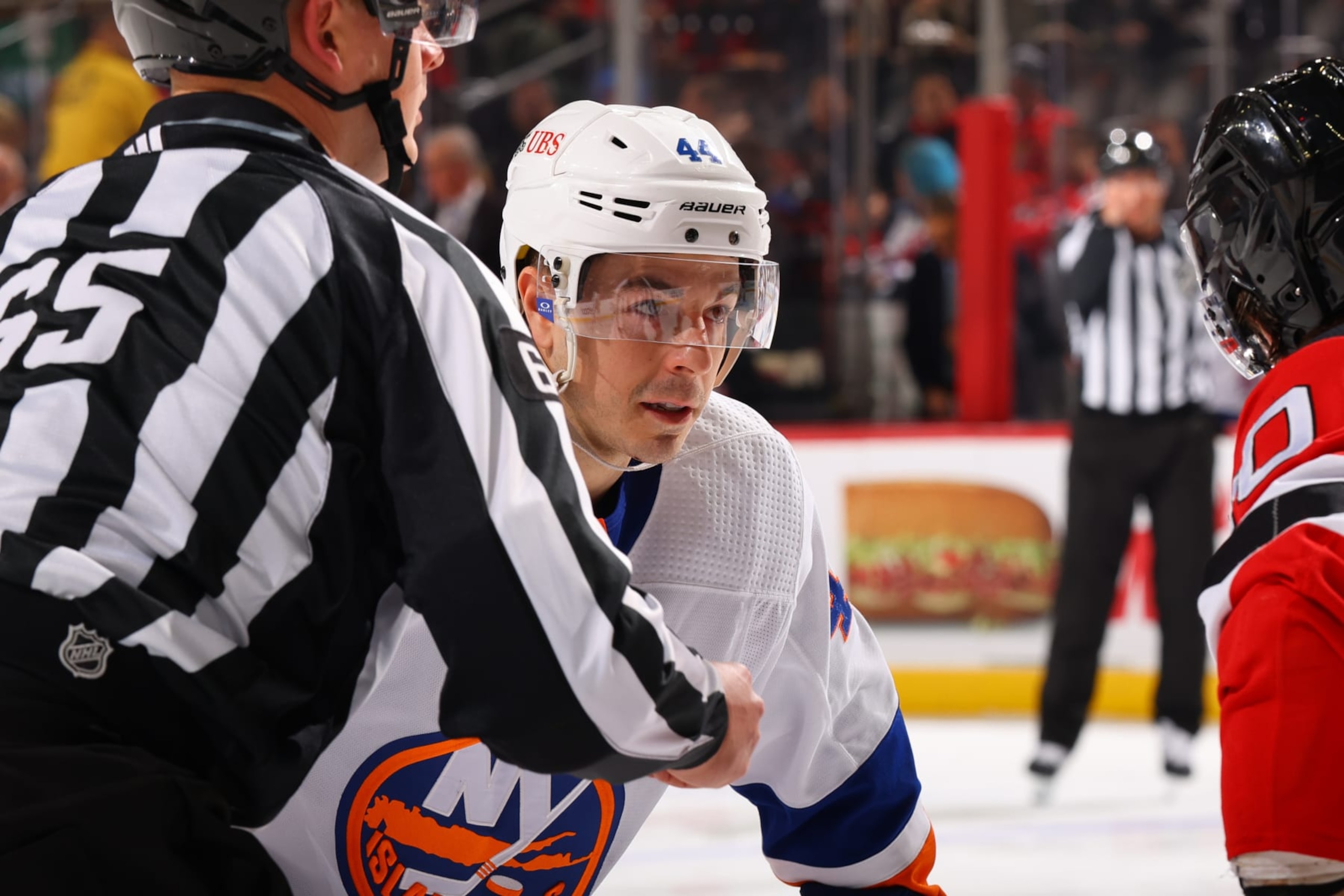 NEWARK, NJ - NOVEMBER 28: Jean-Gabriel Pageau #44 of the New York Islanders skates in the second period of the game against the New Jersey Devils at the Prudential Center on November 28, 2023 in Newark, New Jersey.  (Photo by Rich Graessle/NHLI via Getty Images)