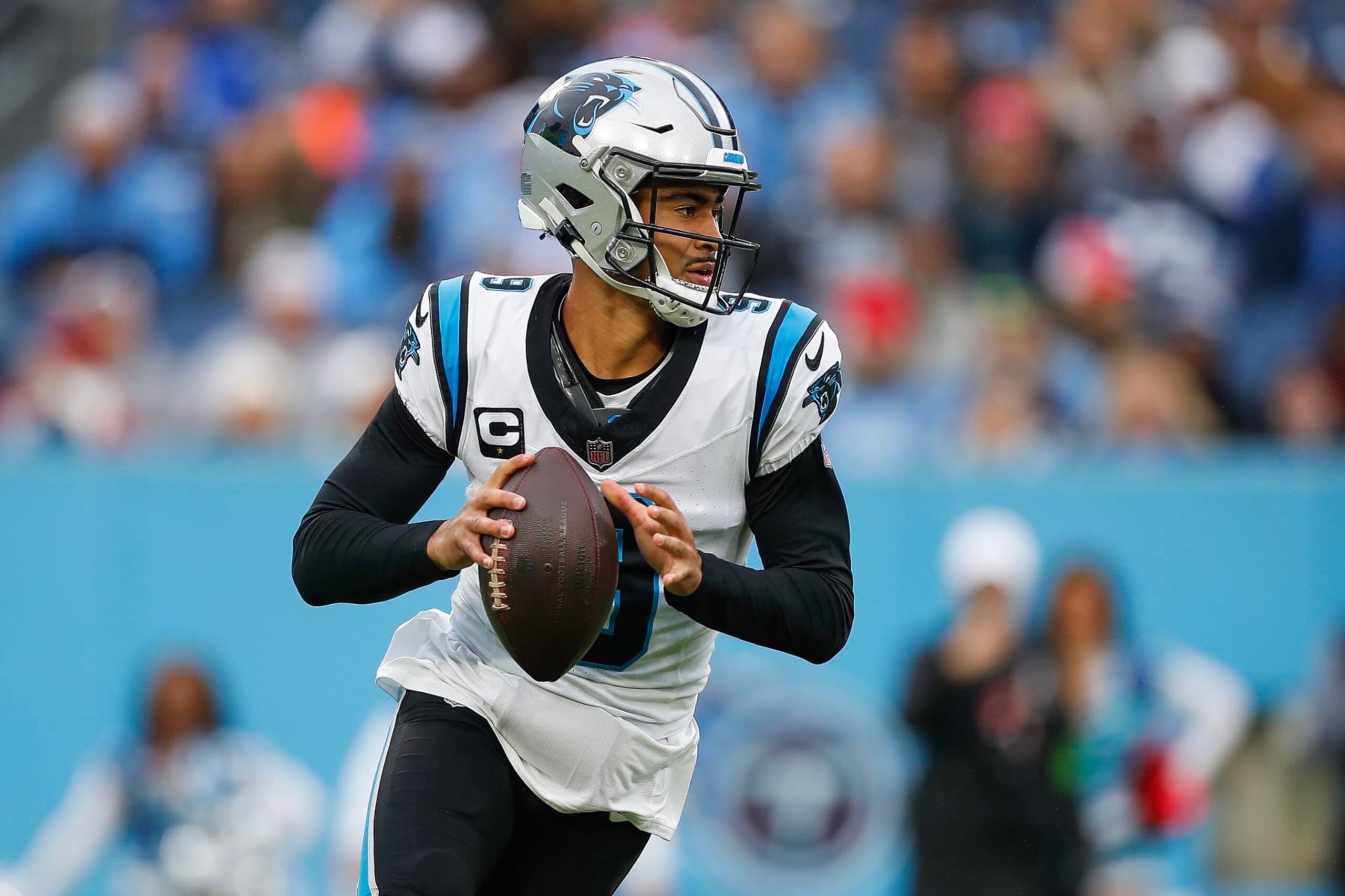 NASHVILLE, TENNESSEE - NOVEMBER 26: Bryce Young #9 of the Carolina Panthers attempts a pass during the first quarter against the Tennessee Titans at Nissan Stadium on November 26, 2023 in Nashville, Tennessee. (Photo by Silas Walker/Getty Images)