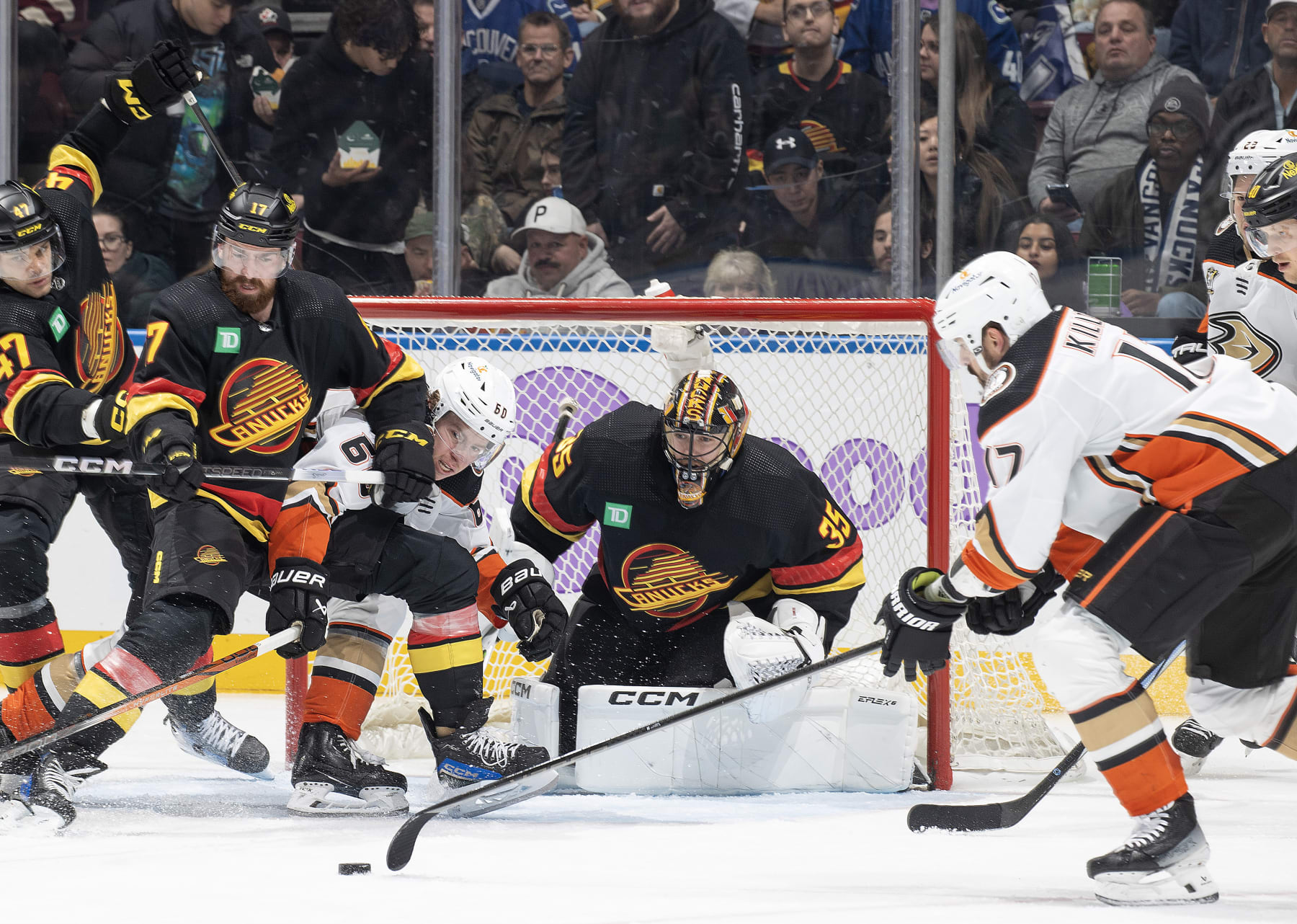 VANCOUVER, CANADA - NOVEMBER 28: Ryan Strome #16 of the Anaheim Ducks scores on Thatcher Demko #35 of the Vancouver Canucks during the second period of their NHL game at Rogers Arena on November 28, 2023 in Vancouver, British Columbia, Canada.  (Photo by Jeff Vinnick/NHLI via Getty Images)