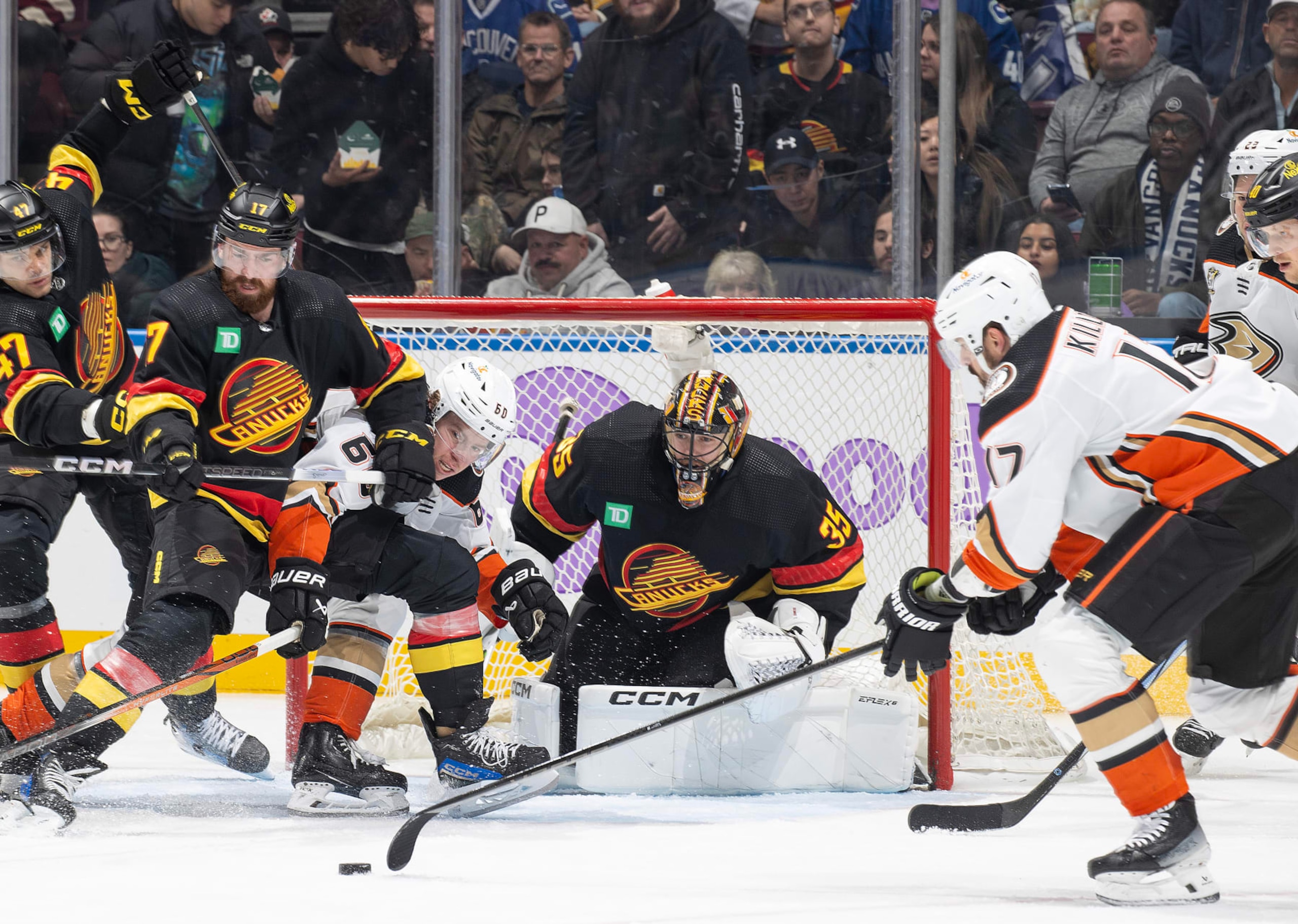VANCOUVER, CANADA - NOVEMBER 28: Ryan Strome #16 of the Anaheim Ducks scores on Thatcher Demko #35 of the Vancouver Canucks during the second period of their NHL game at Rogers Arena on November 28, 2023 in Vancouver, British Columbia, Canada.  (Photo by Jeff Vinnick/NHLI via Getty Images)